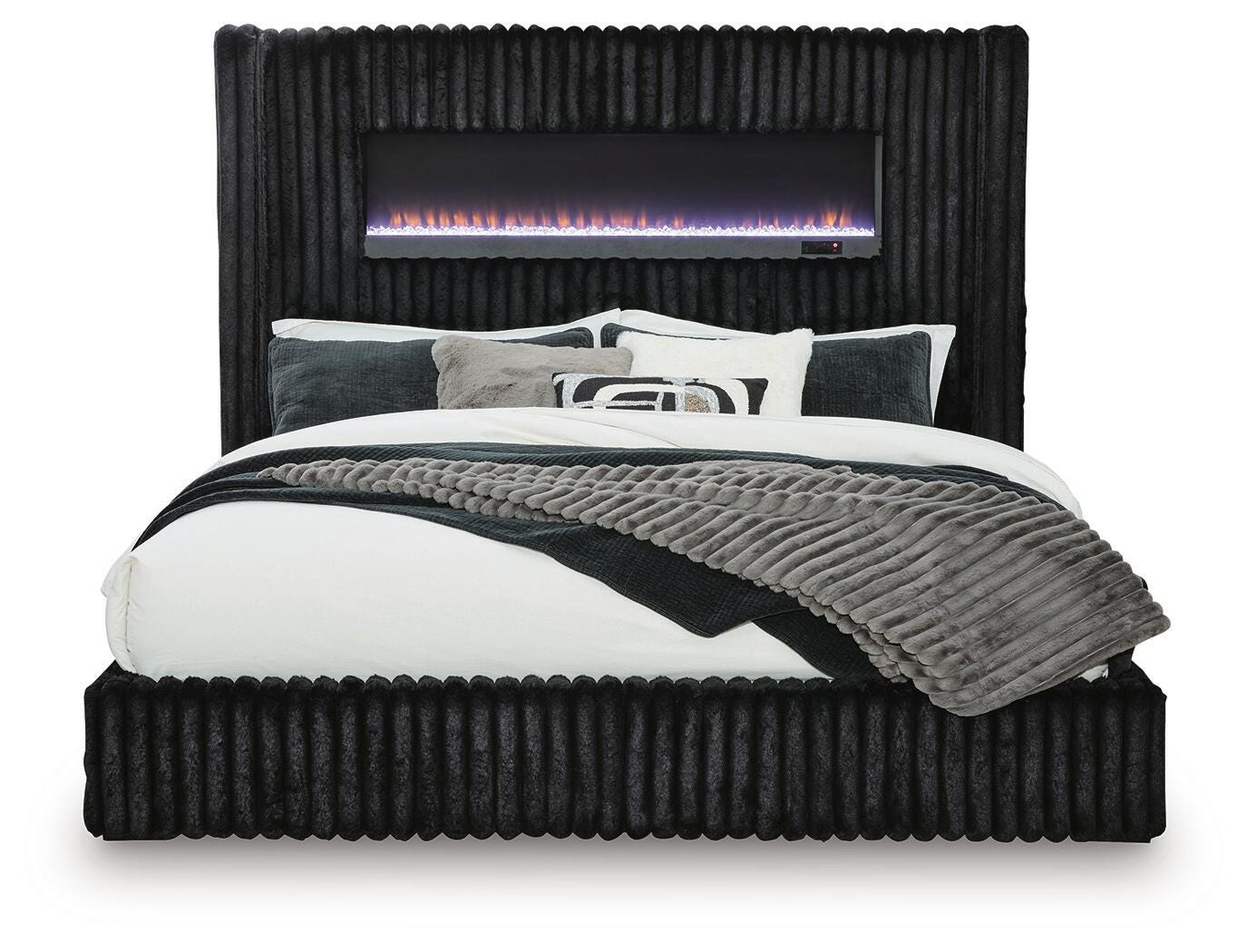 Tayleena Black King Upholstered Bed with Fireplace and Wireless Audio