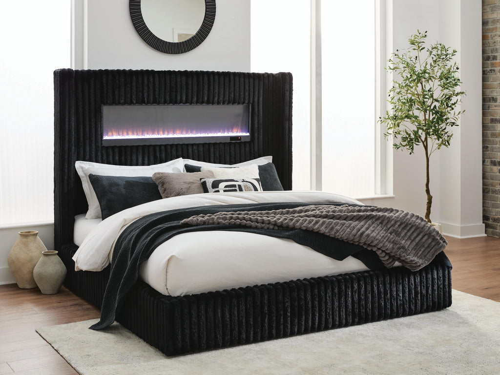 Tayleena Black King Upholstered Bed with Fireplace and Wireless Audio