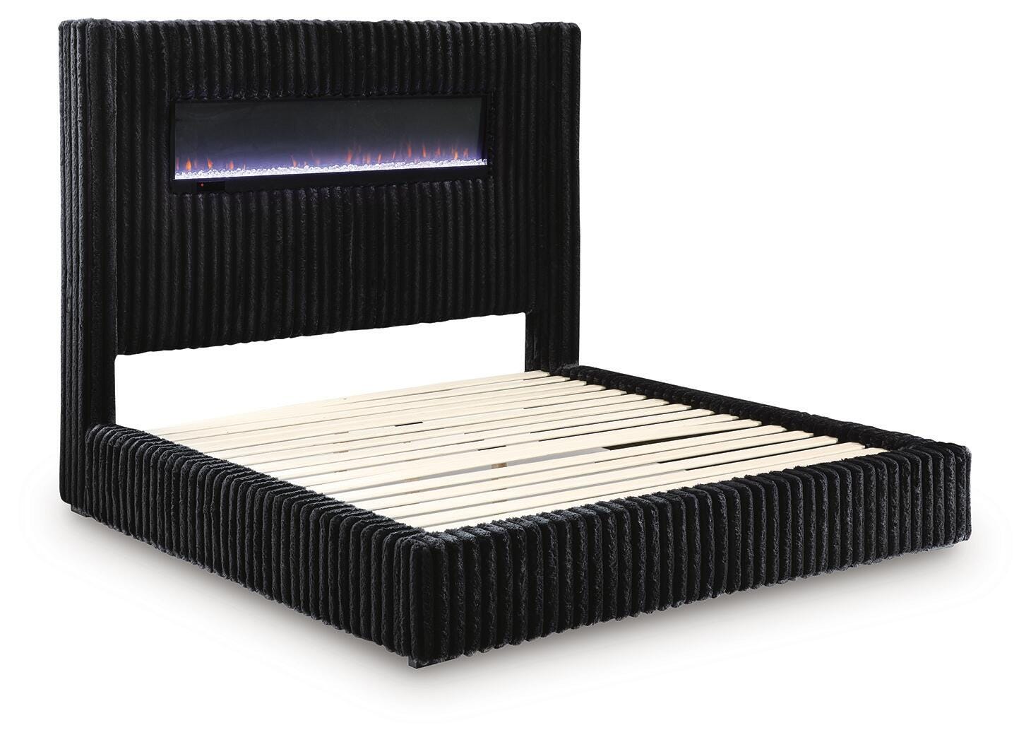 Tayleena Black King Upholstered Bed with Fireplace and Wireless Audio