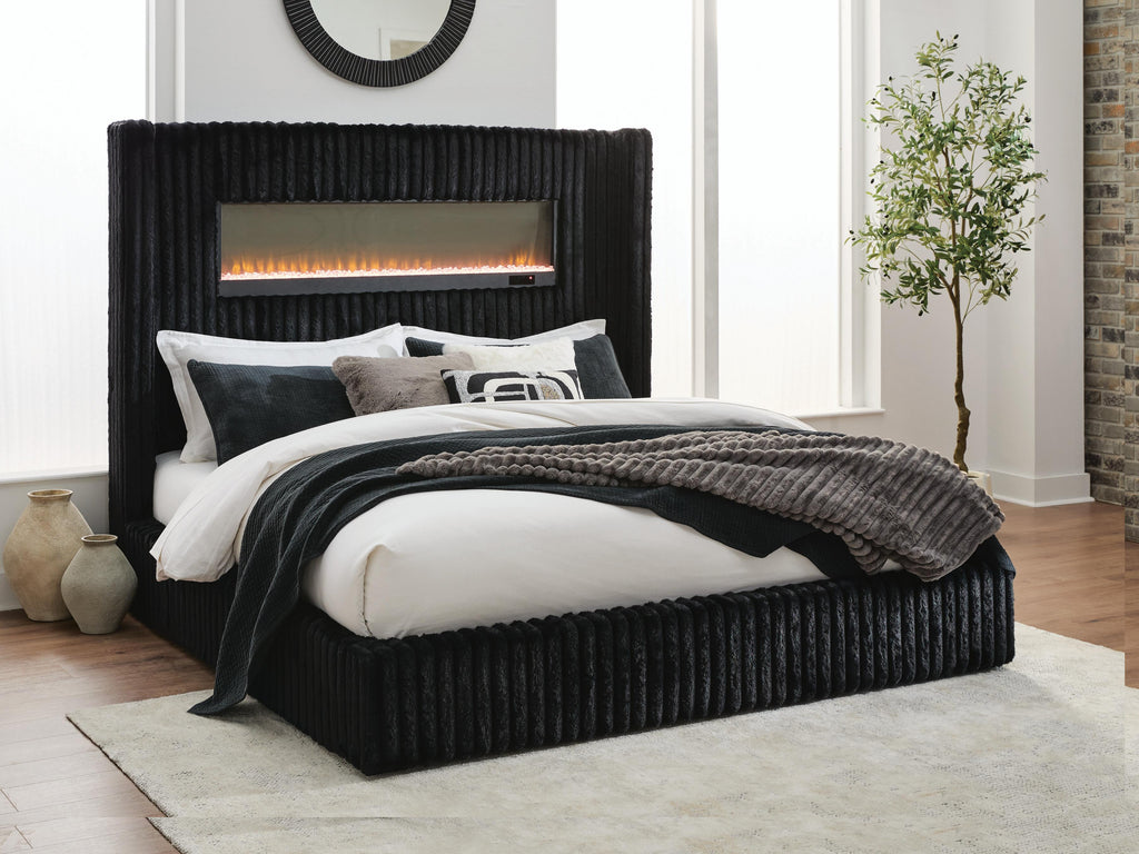 Tayleena Black King Upholstered Bed with Fireplace and Wireless Audio