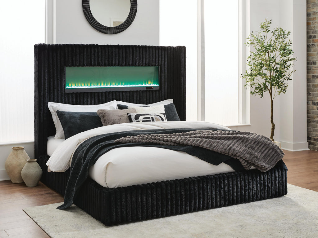 Tayleena Black King Upholstered Bed with Fireplace and Wireless Audio