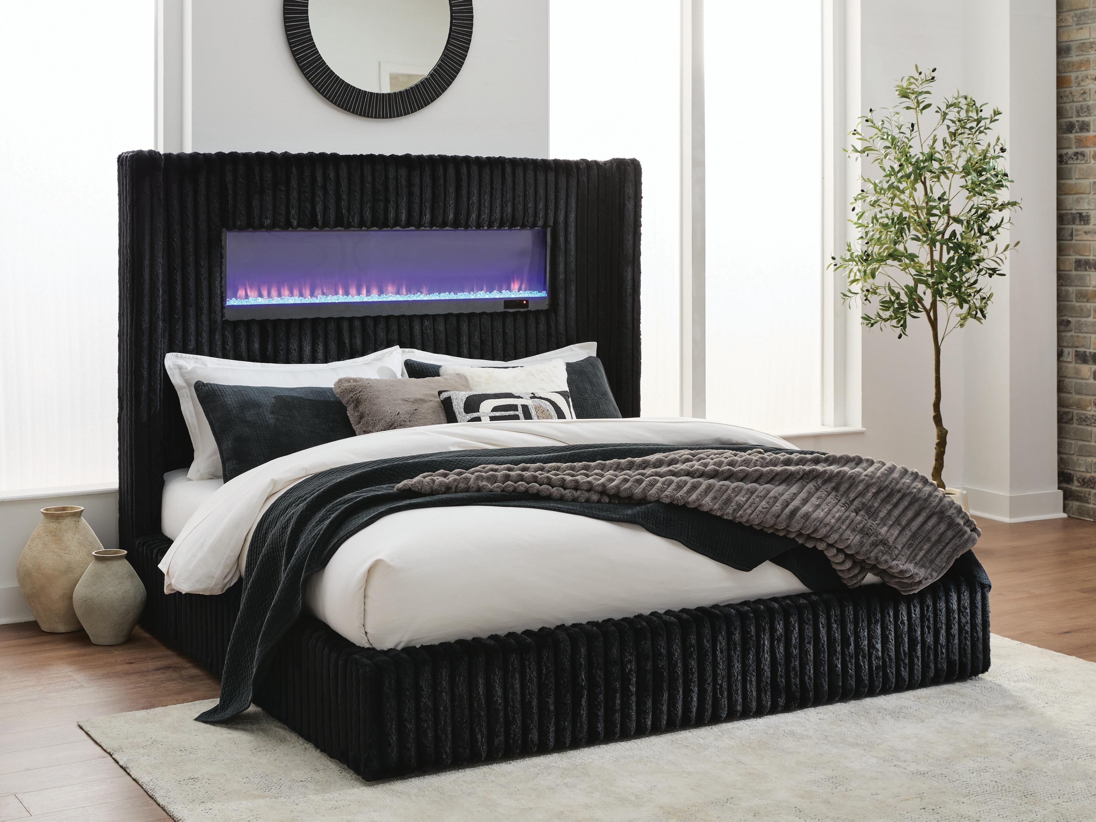 Tayleena Black King Upholstered Bed with Fireplace and Wireless Audio