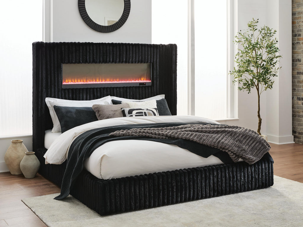 Tayleena Black King Upholstered Bed with Fireplace and Wireless Audio