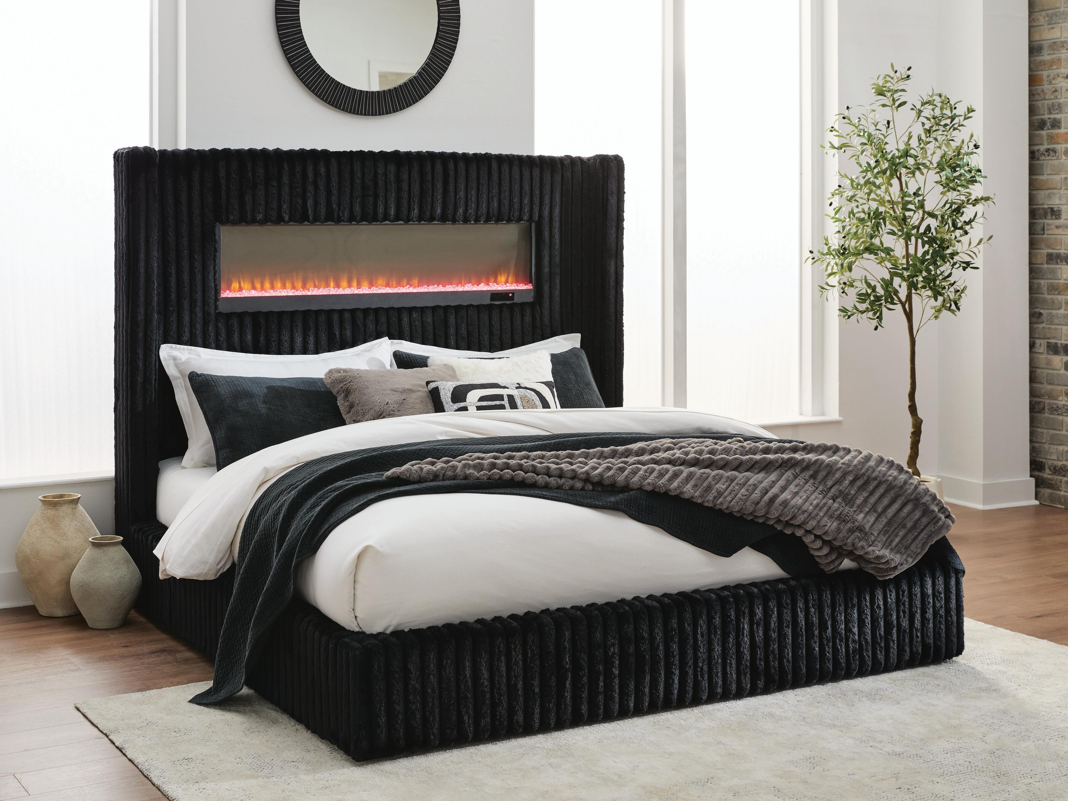 Tayleena Black King Upholstered Bed with Fireplace and Wireless Audio
