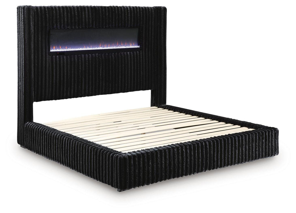 Tayleena Black Queen Upholstered Bed with Fireplace and Wireless Audio