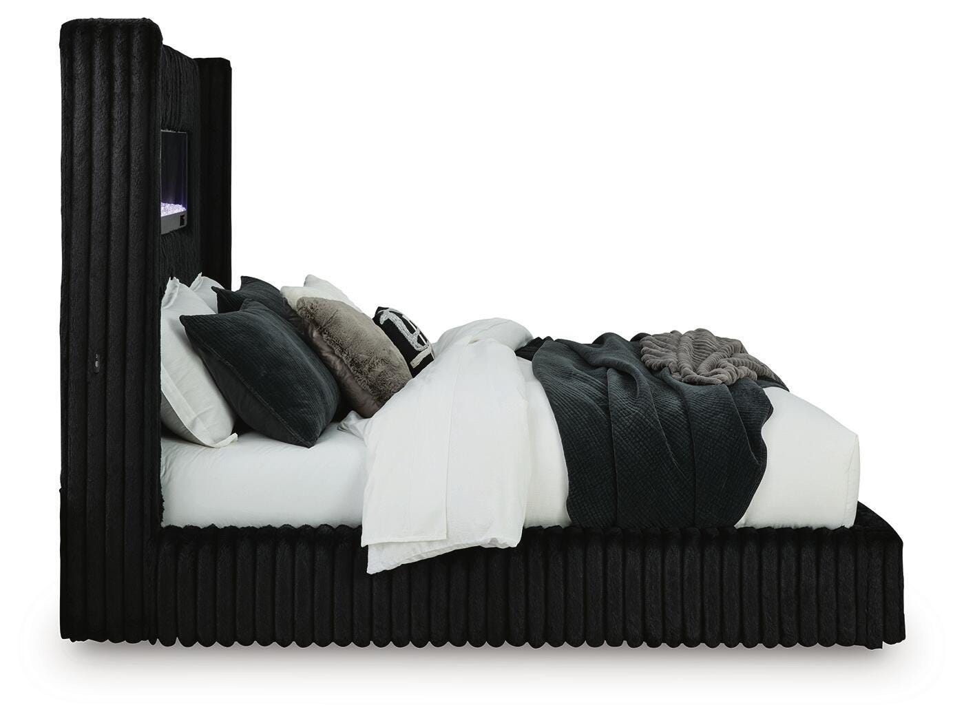 Tayleena Black Queen Upholstered Bed with Fireplace and Wireless Audio