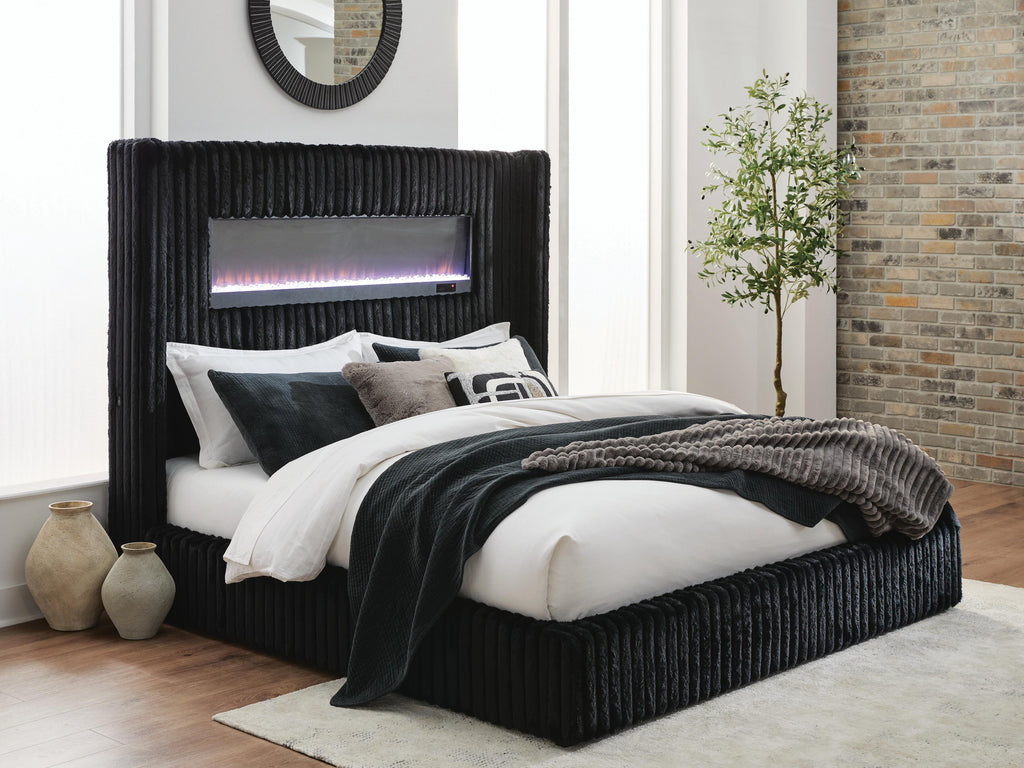 Tayleena Black Queen Upholstered Bed with Fireplace and Wireless Audio