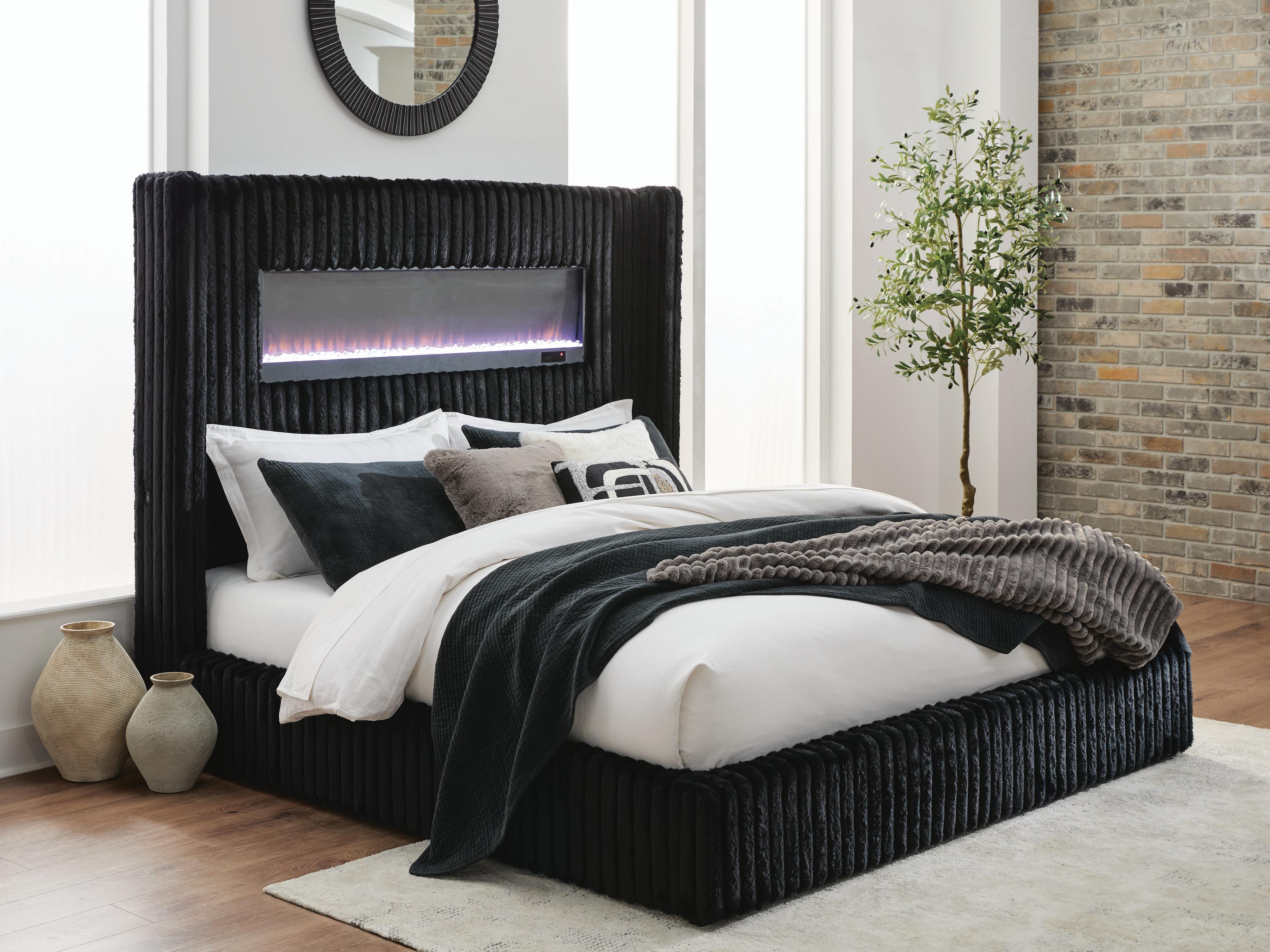 Tayleena Black Queen Upholstered Bed with Fireplace and Wireless Audio