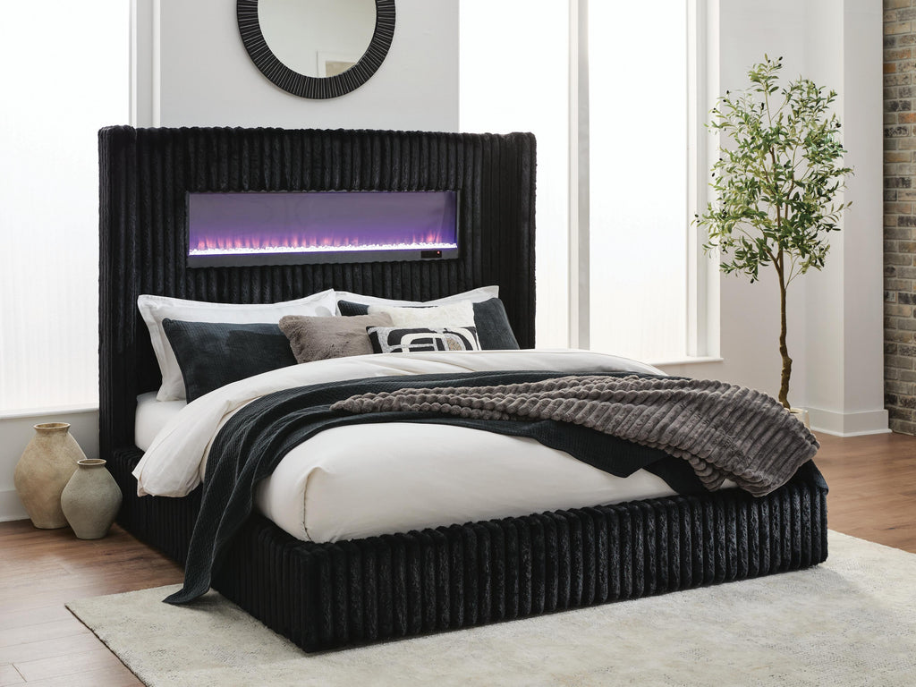 Tayleena Black Queen Upholstered Bed with Fireplace and Wireless Audio