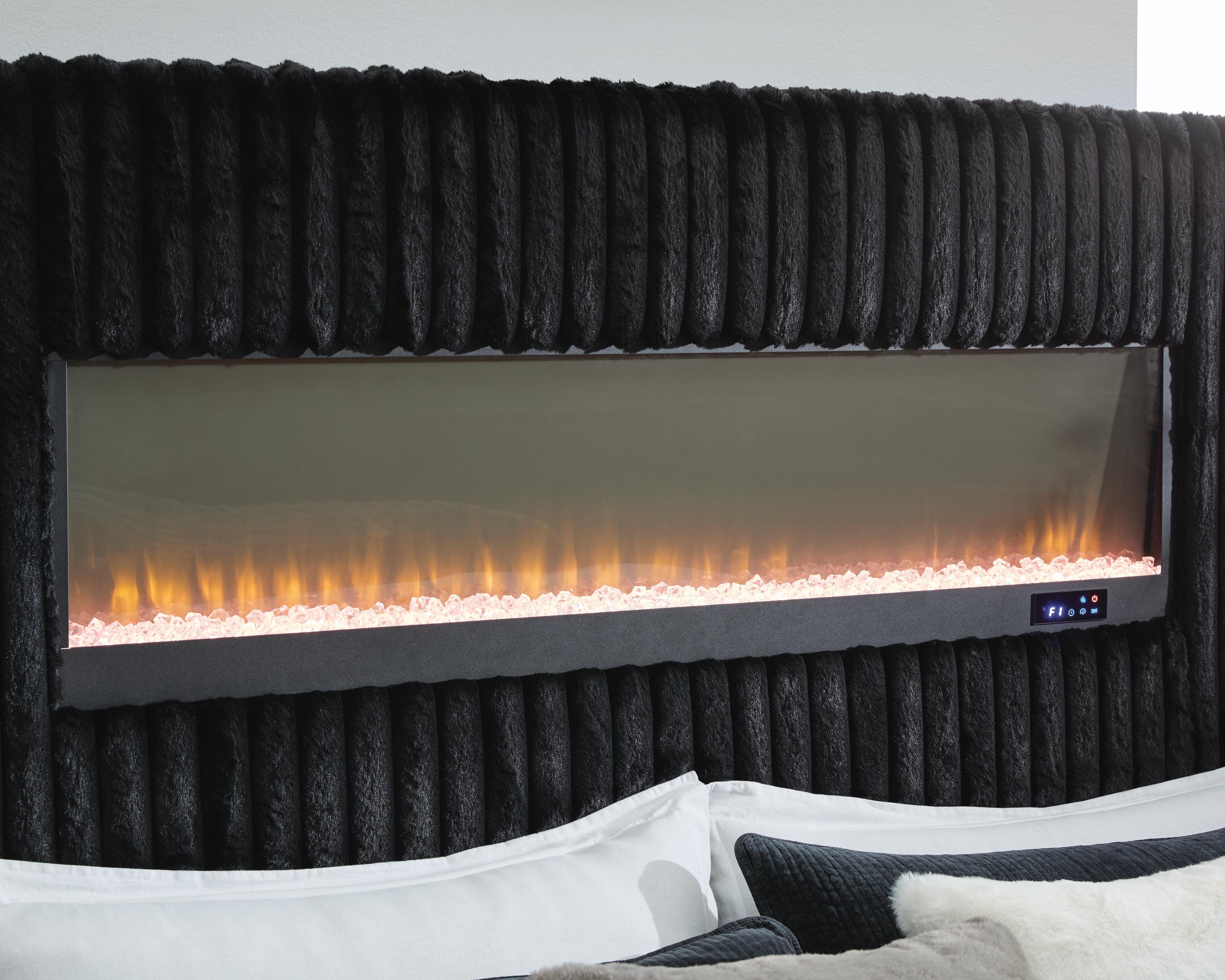 Tayleena Black Queen Upholstered Bed with Fireplace and Wireless Audio