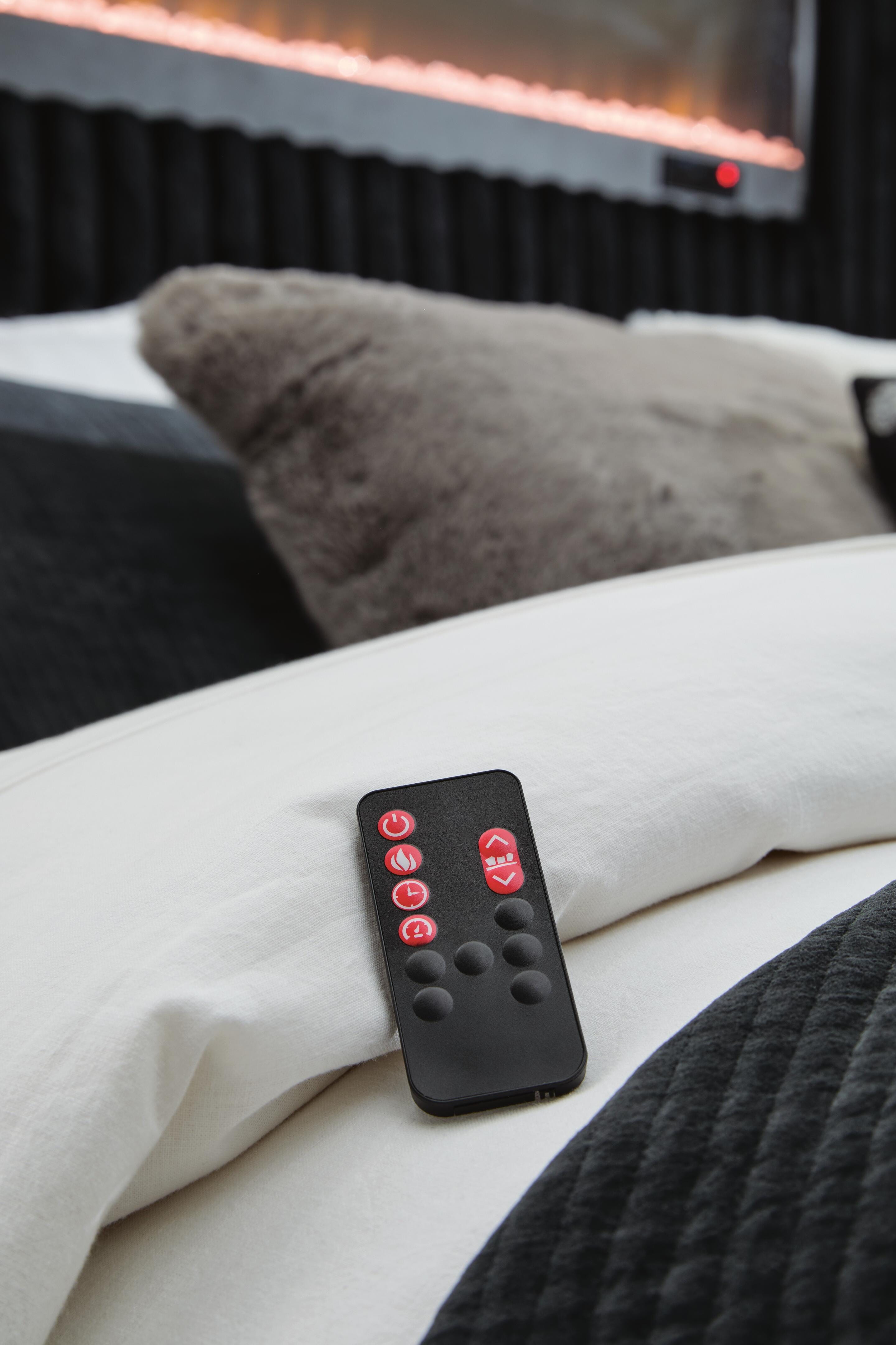 Tayleena Black Queen Upholstered Bed with Fireplace and Wireless Audio