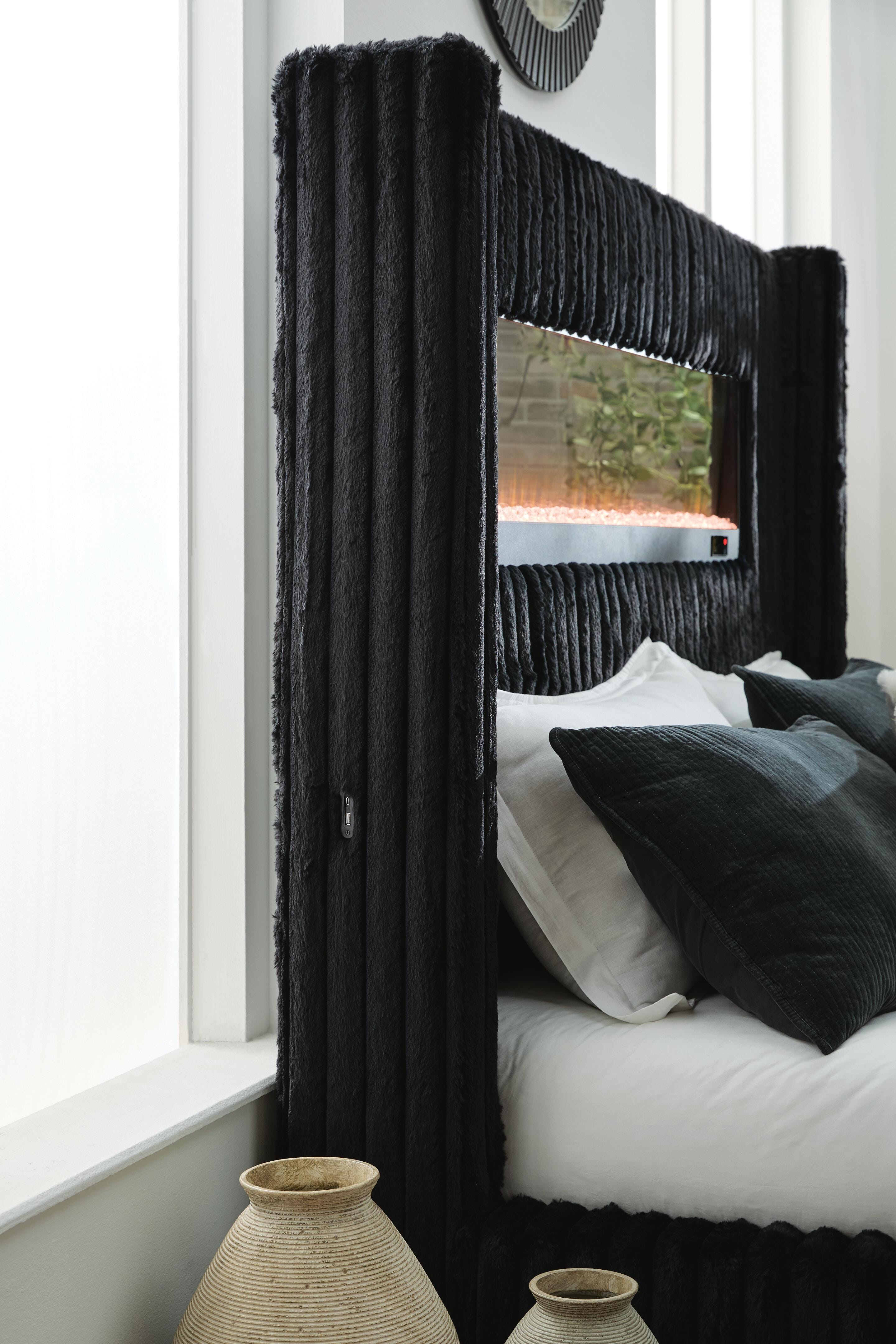 Tayleena Black Queen Upholstered Bed with Fireplace and Wireless Audio