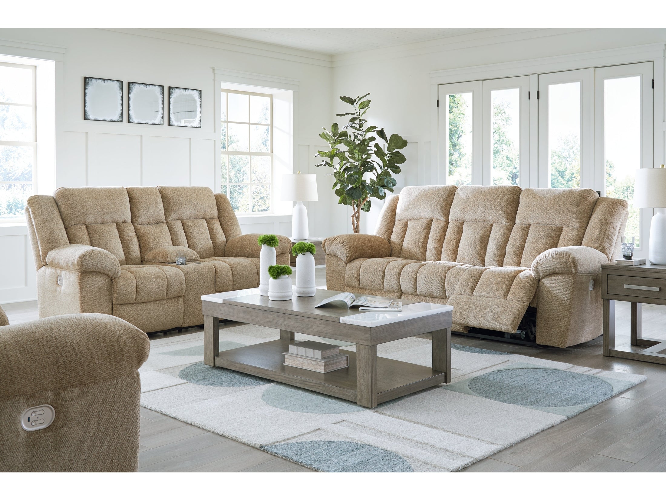 Tip-Off Wheat Power Reclining Sofa, Loveseat and Recliner