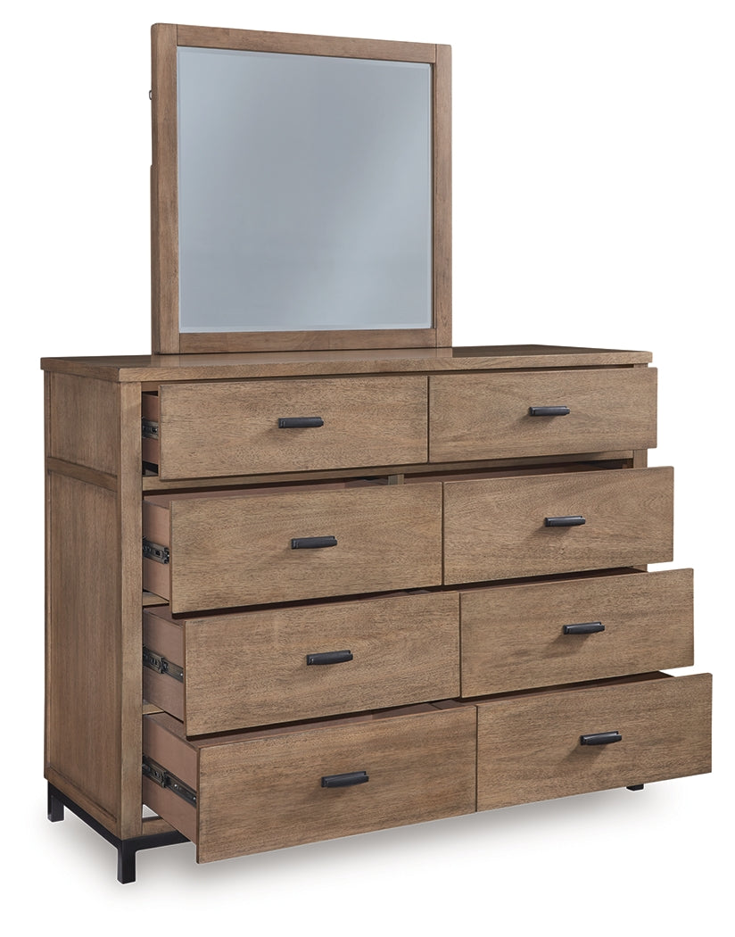 Tomtyn Light Brown Queen Upholstered Bed, Dresser and Mirror