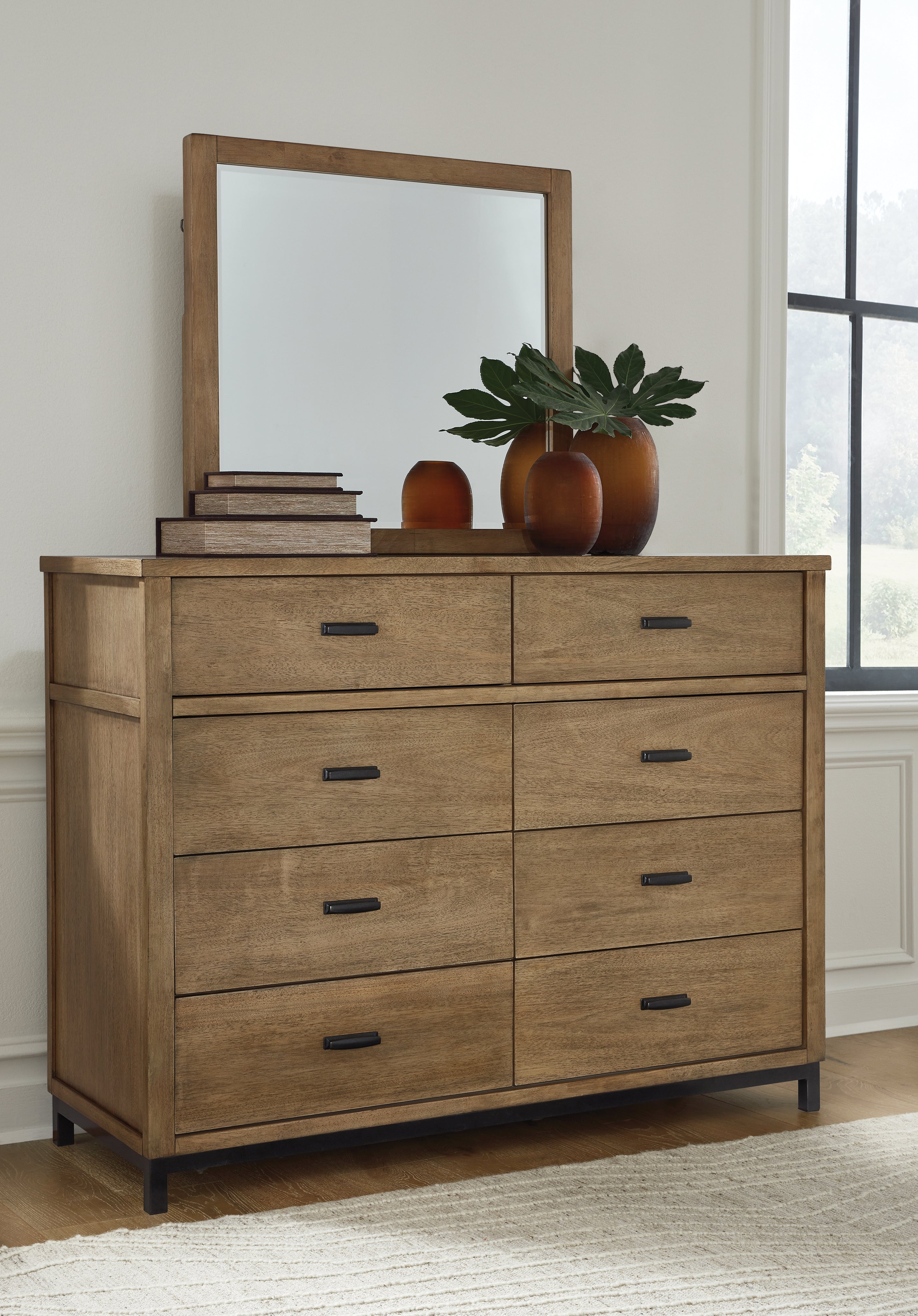 Tomtyn Light Brown Queen Upholstered Bed, Dresser and Mirror