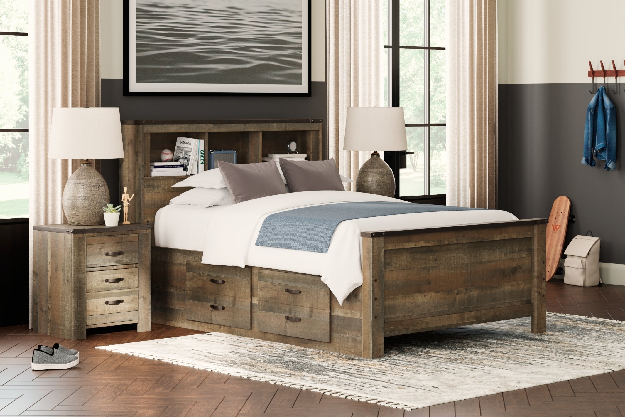 Trinell Brown Full Bookcase Bed with 2 Storage Drawers