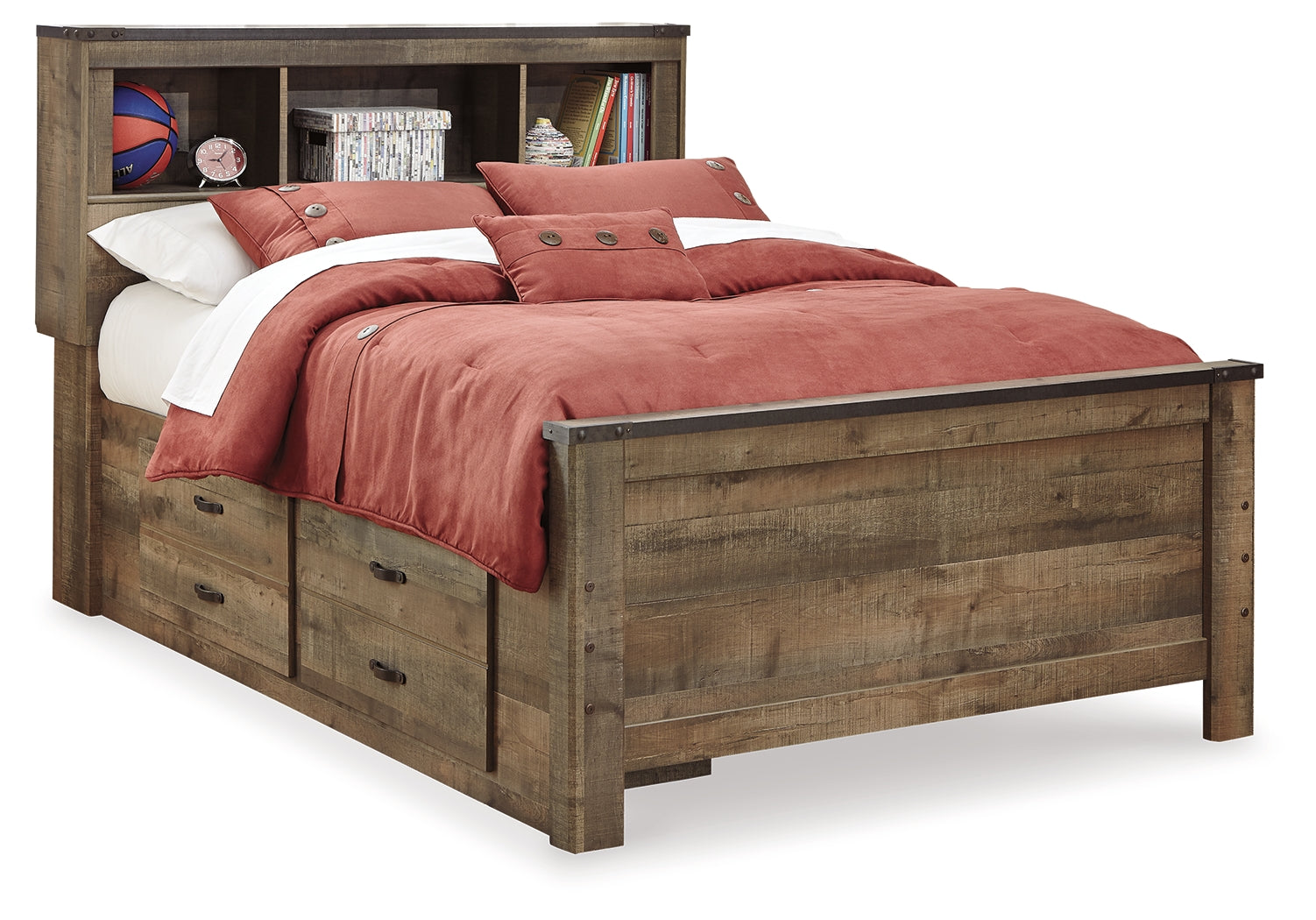 Trinell Full Bookcase Storage Bed & Dresser & Mirror & Chest & 2 Nightstands, Brown