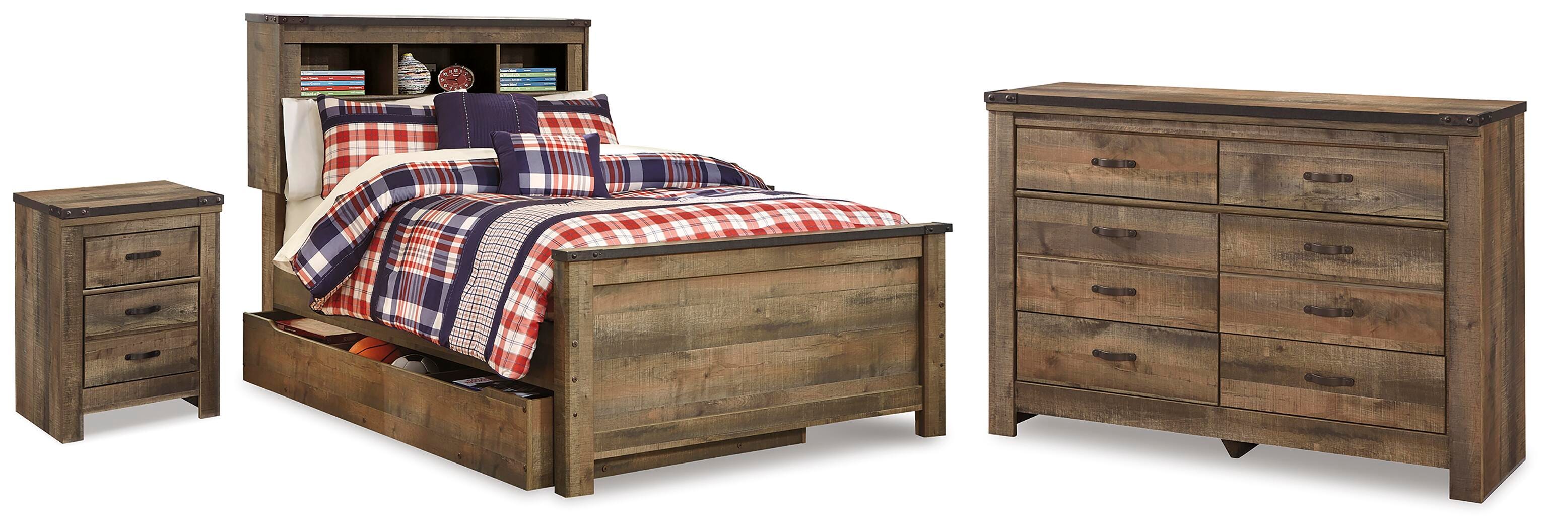 Trinell Brown Full Bookcase Storage Bed, Dresser and Nightstand