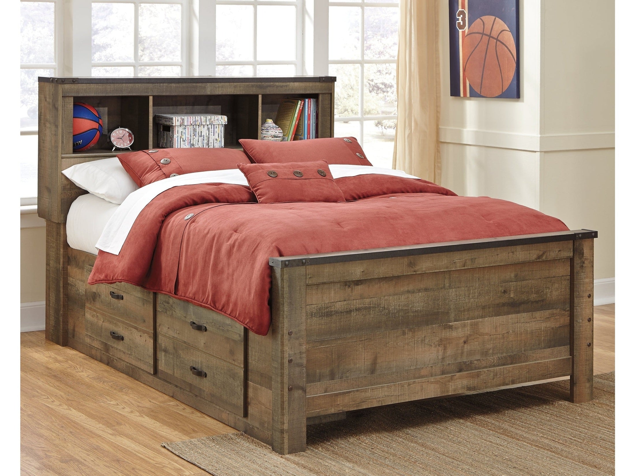 Trinell Brown Full Bookcase Youth Bed with 2 Sided Storage