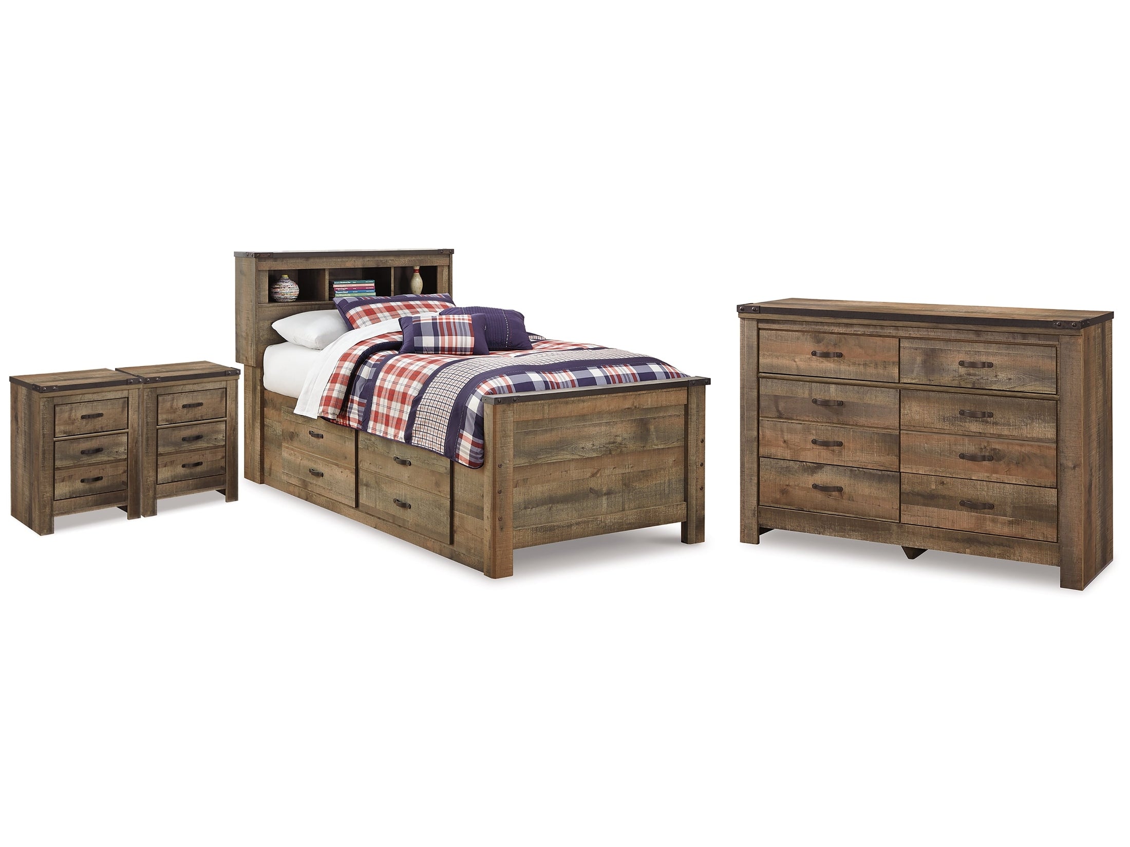 Trinell Brown Twin Bookcase Bed, Dresser and 2 Nightstands