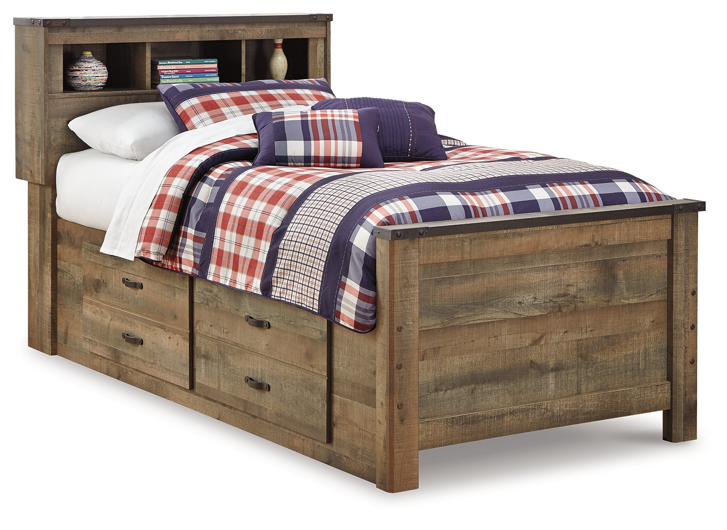 Trinell Brown Twin Bookcase Bed, Dresser and 2 Nightstands