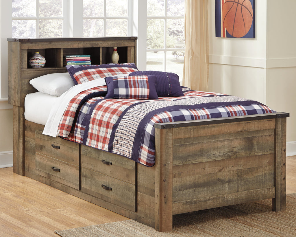 Trinell Brown Twin Bookcase Bed, Dresser and 2 Nightstands
