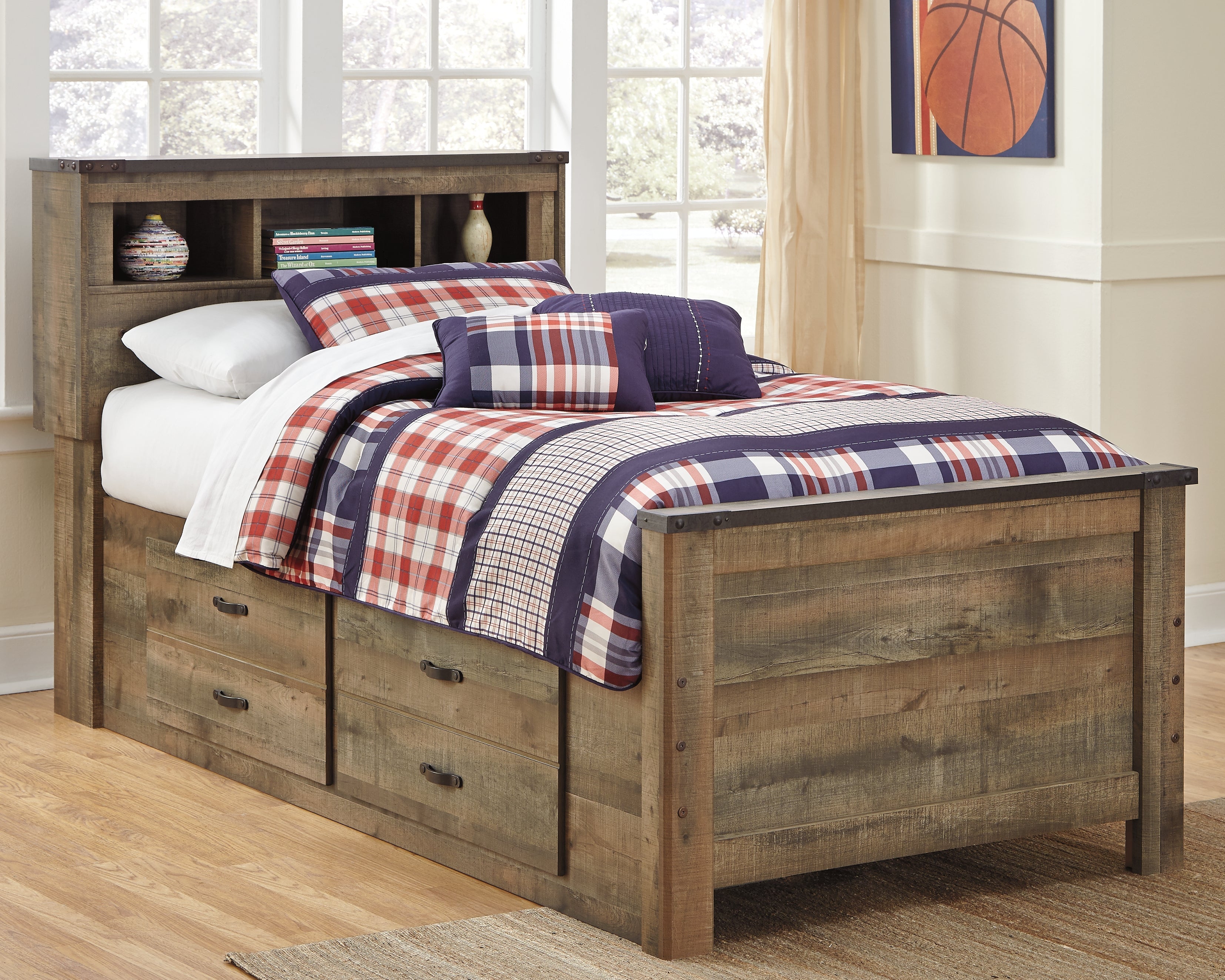 Trinell Brown Twin Bookcase Bed, Dresser and 2 Nightstands