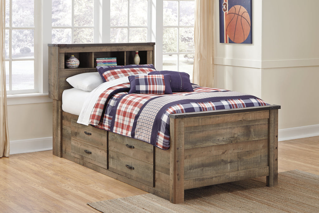 Trinell Brown Twin Bookcase Storage Bed, Dresser and Nightstand