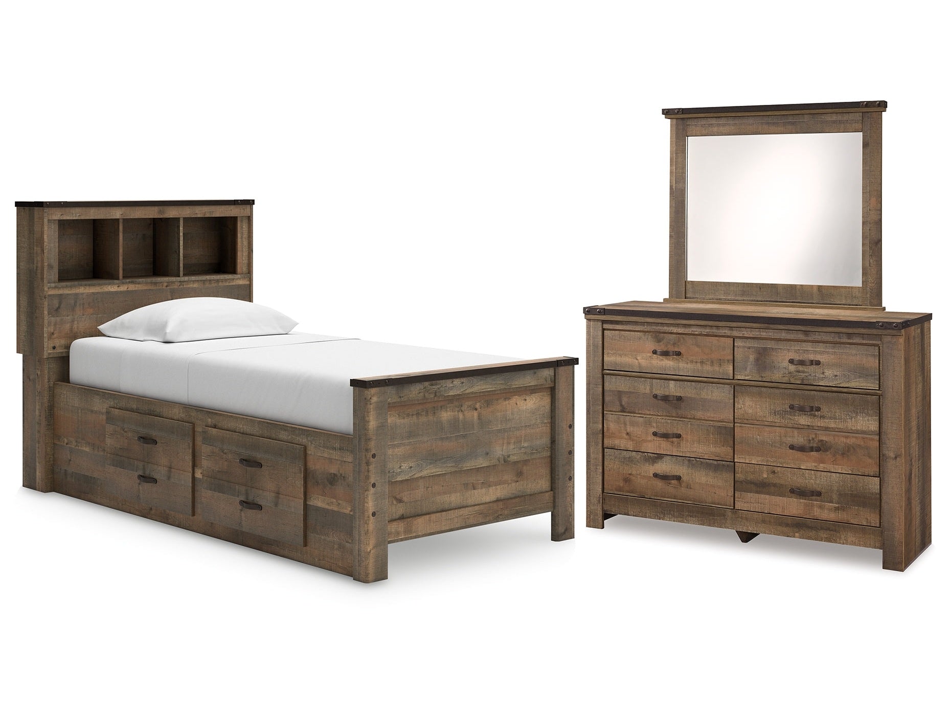 Trinell Twin Bookcase Storage Bed, Dresser and Mirror
