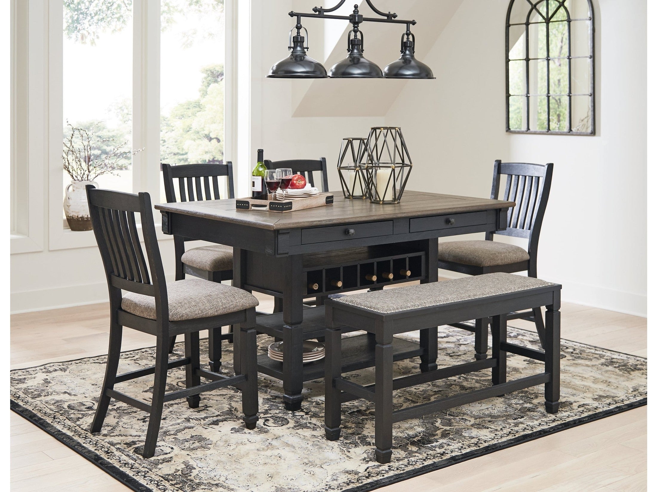 Tyler Creek /Gray Counter Height Dining Table and 4 Barstools and Bench, Black