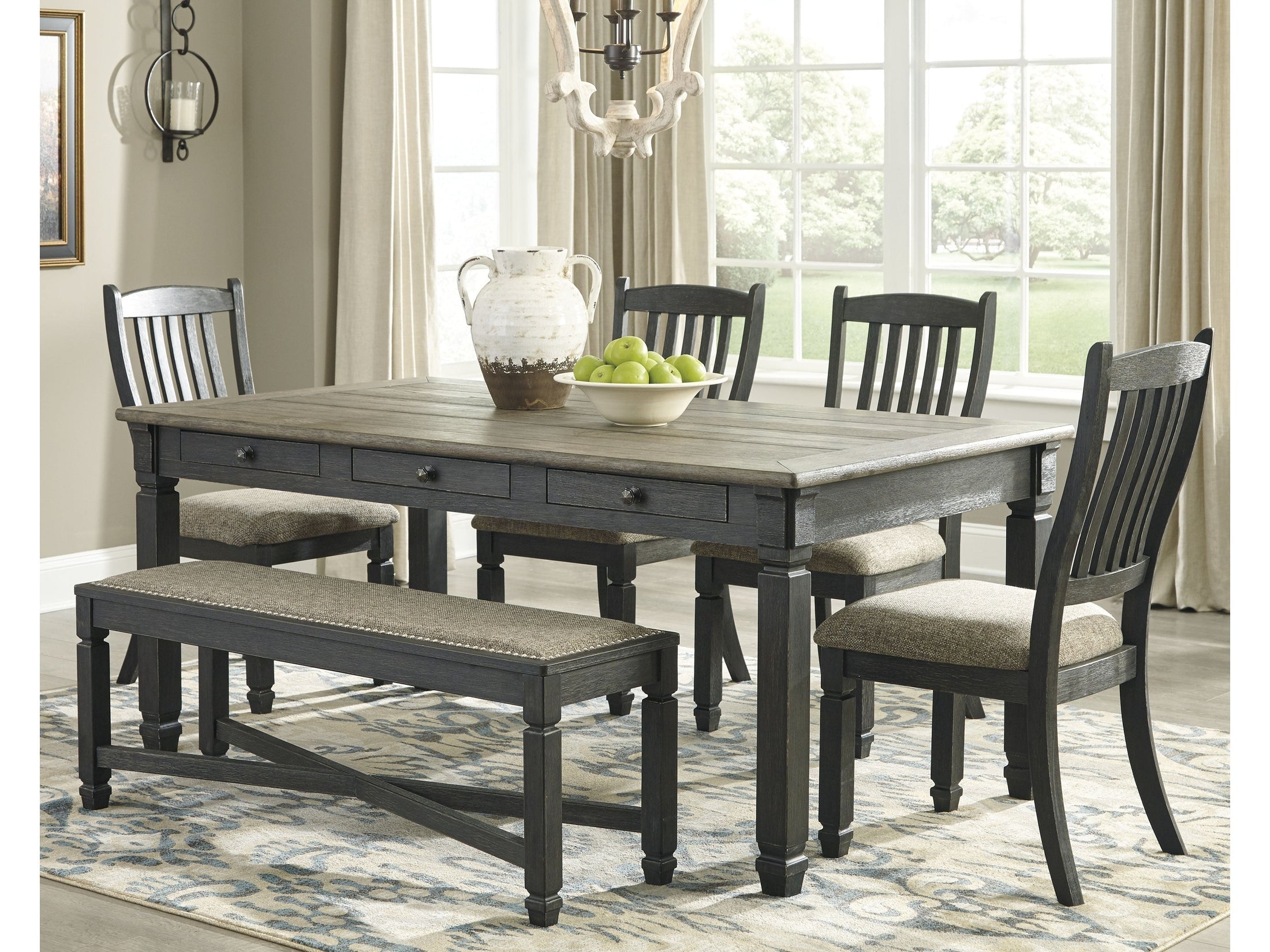 Tyler Creek Black/Gray Dining Table, 4 Chairs and Bench