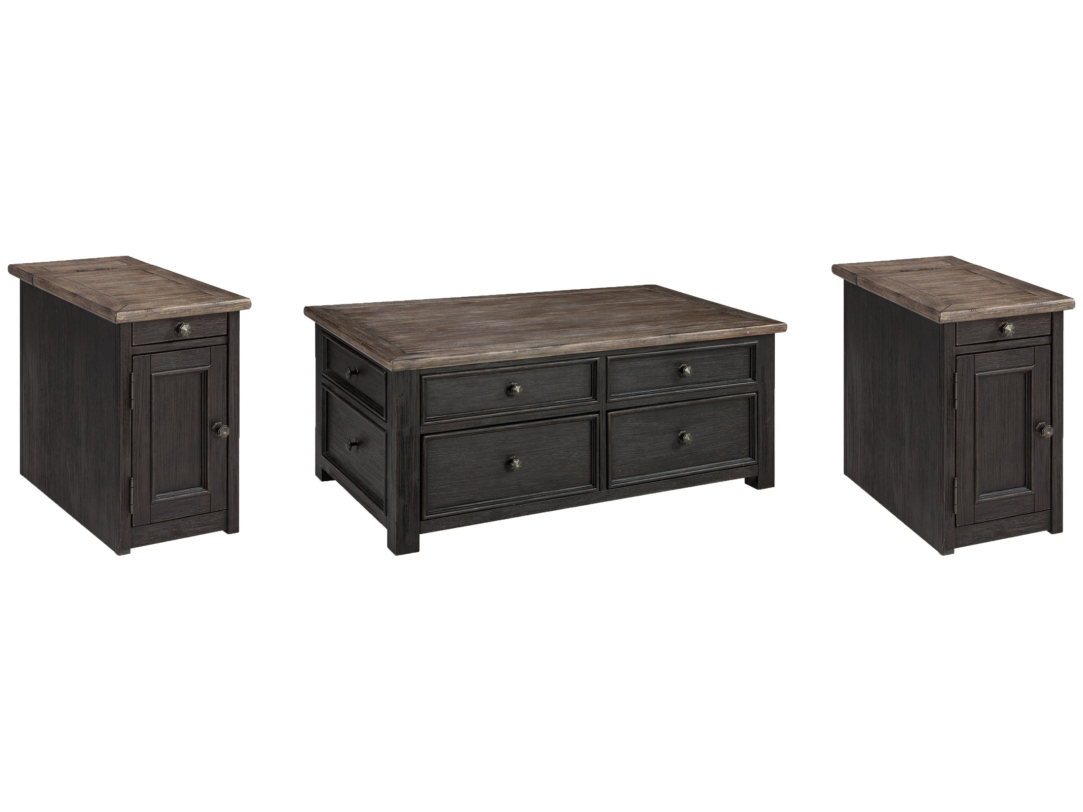 Tyler Creek Grayish /Black Coffee Table and 2 Chairside End Tables, Brown
