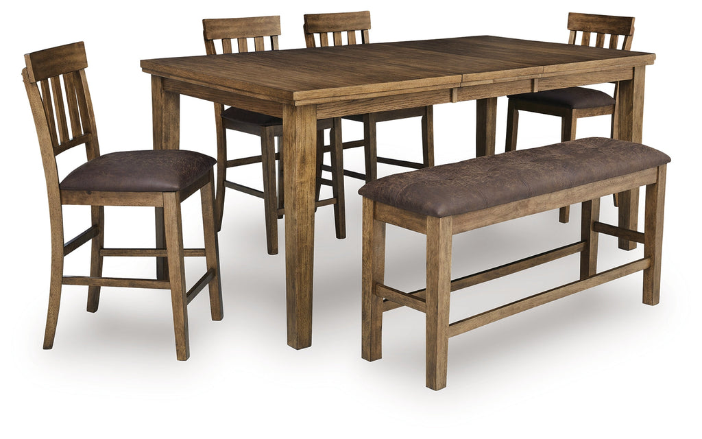 Urbinforte Light Counter Height Extension Dining Table, 4 Barstools and Bench, Brown