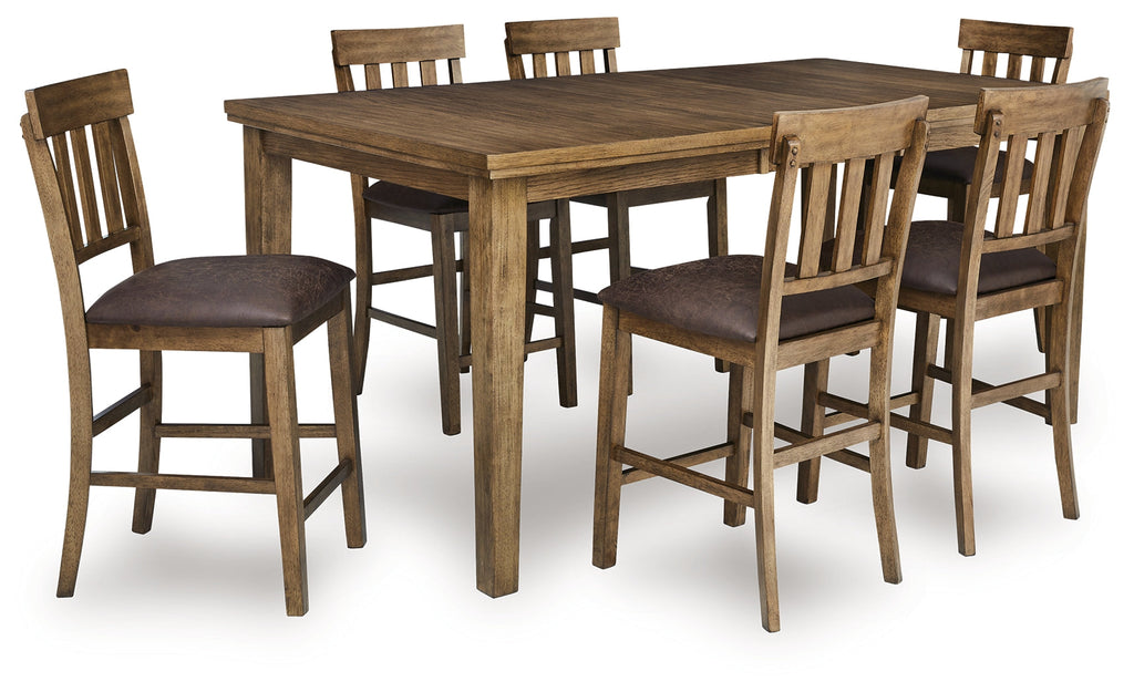 Urbinforte Light Counter Height Extension Dining Table and 6 Barstools, Brown