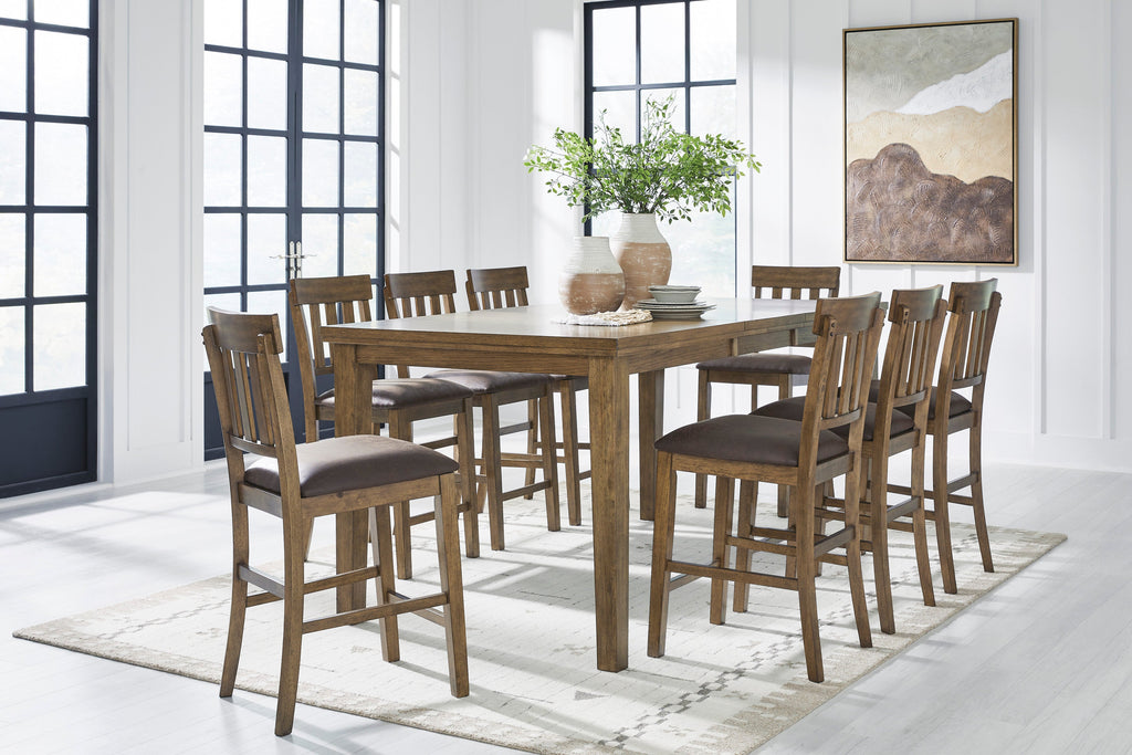 Urbinforte Light Counter Height Extension Dining Table and 8 Barstools, Brown