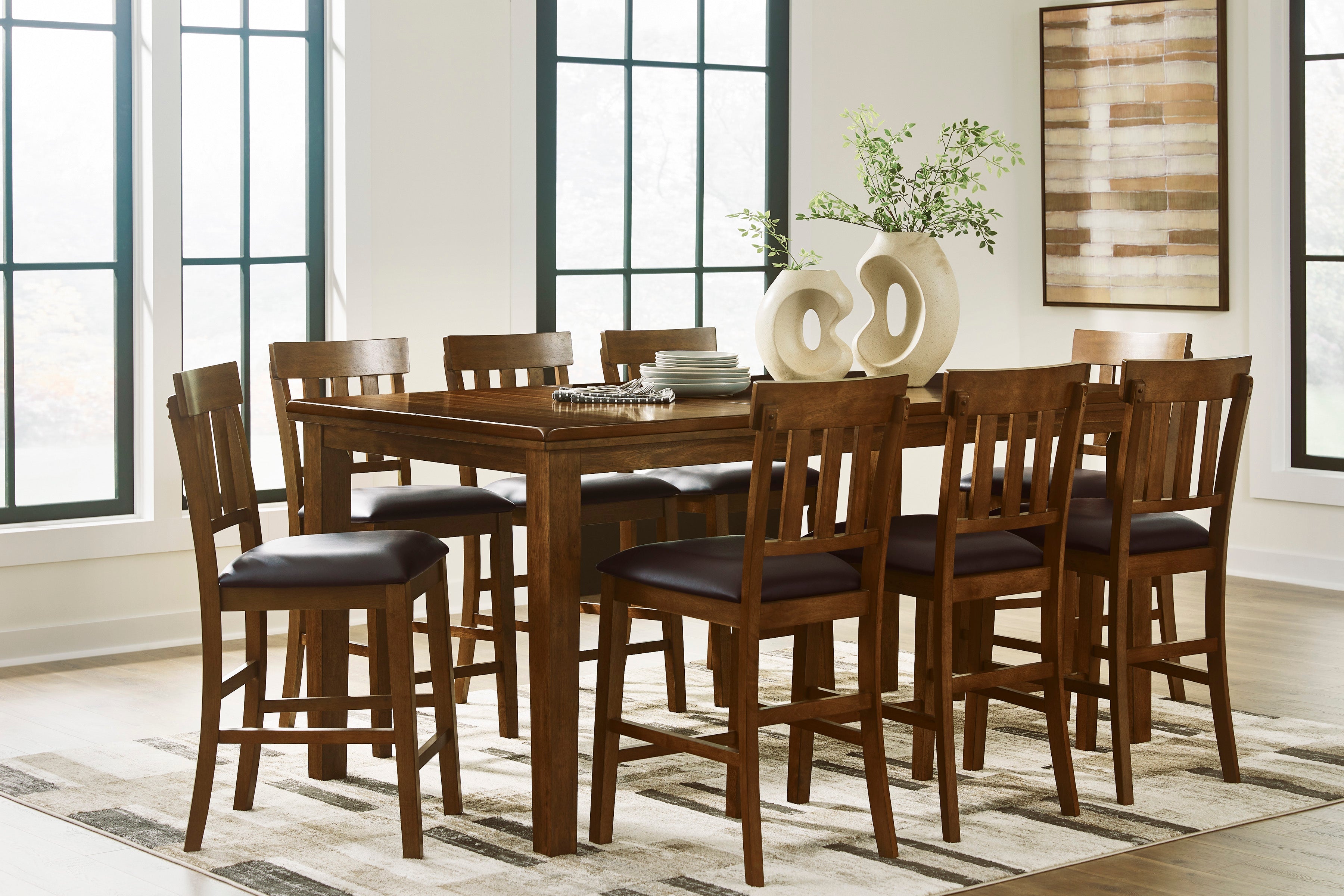 Ralene Medium Brown Counter Height Dining Table and 8 Barstools