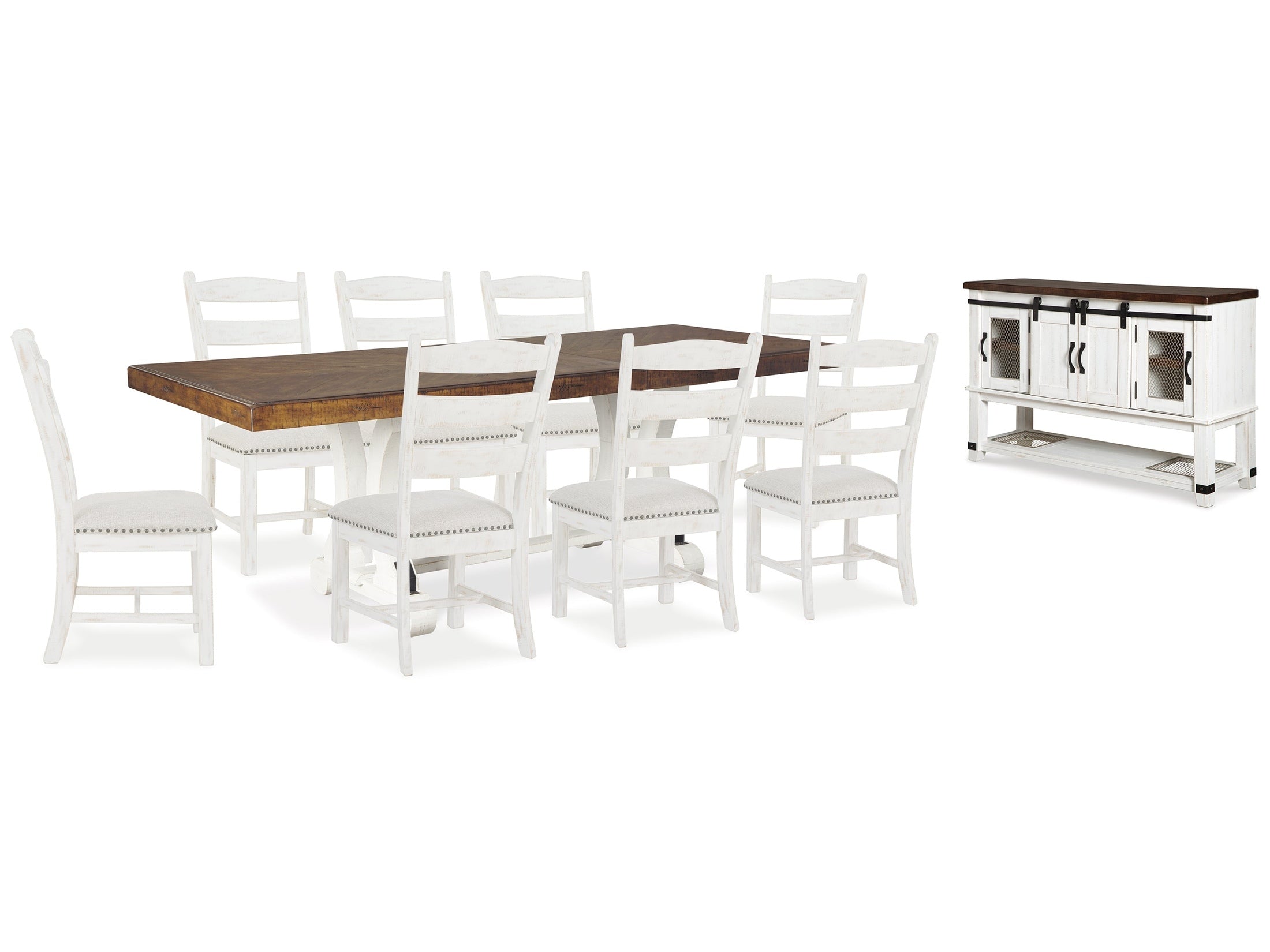 Valebeck Beige/White Dining Table and 8 Chairs with Server