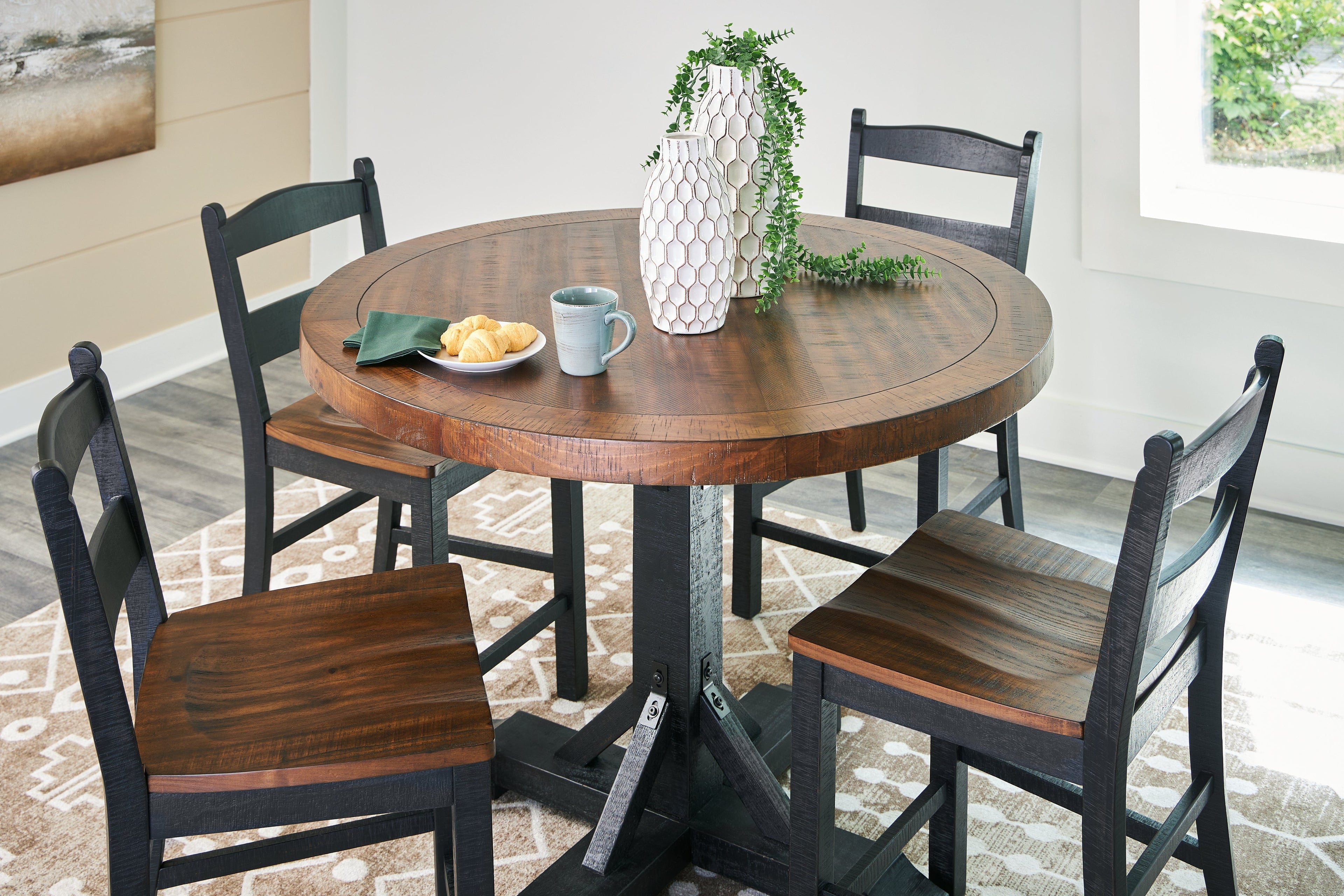 Valebeck Black/Brown Counter Height Dining Table and 4 Barstools