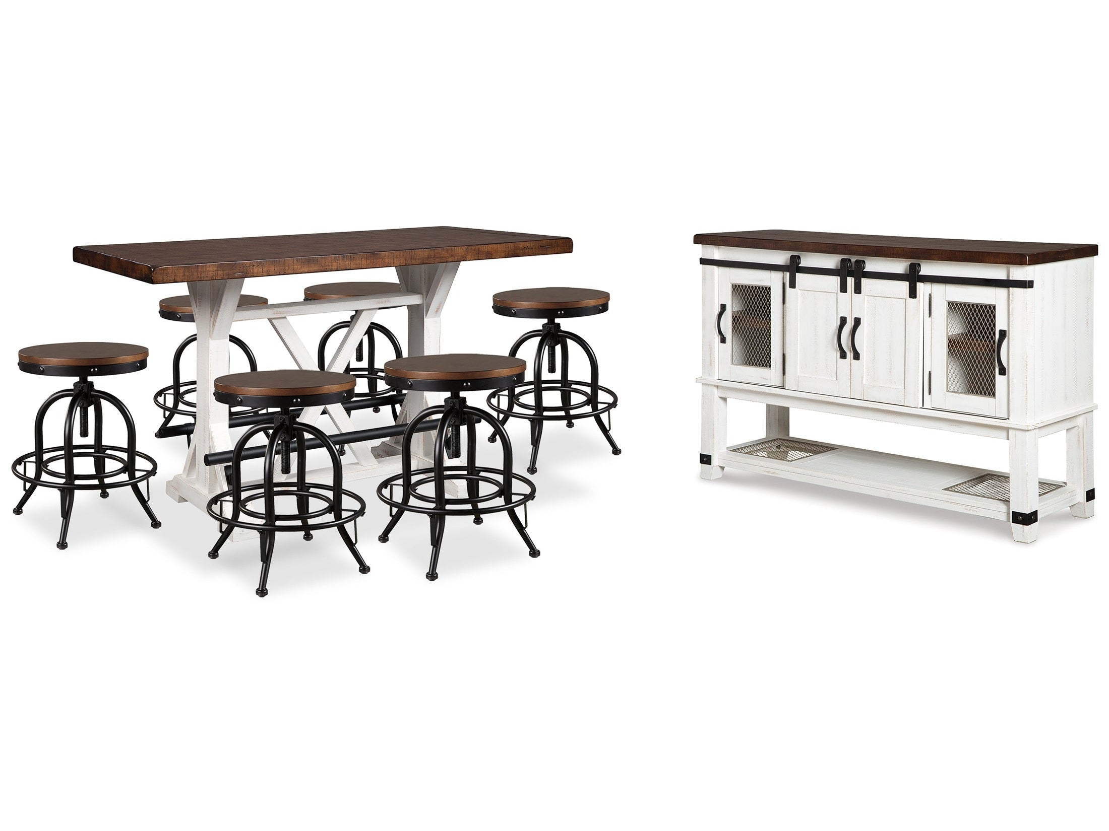 Valebeck Multi Counter Height Dining Table, 6 Barstools and Server