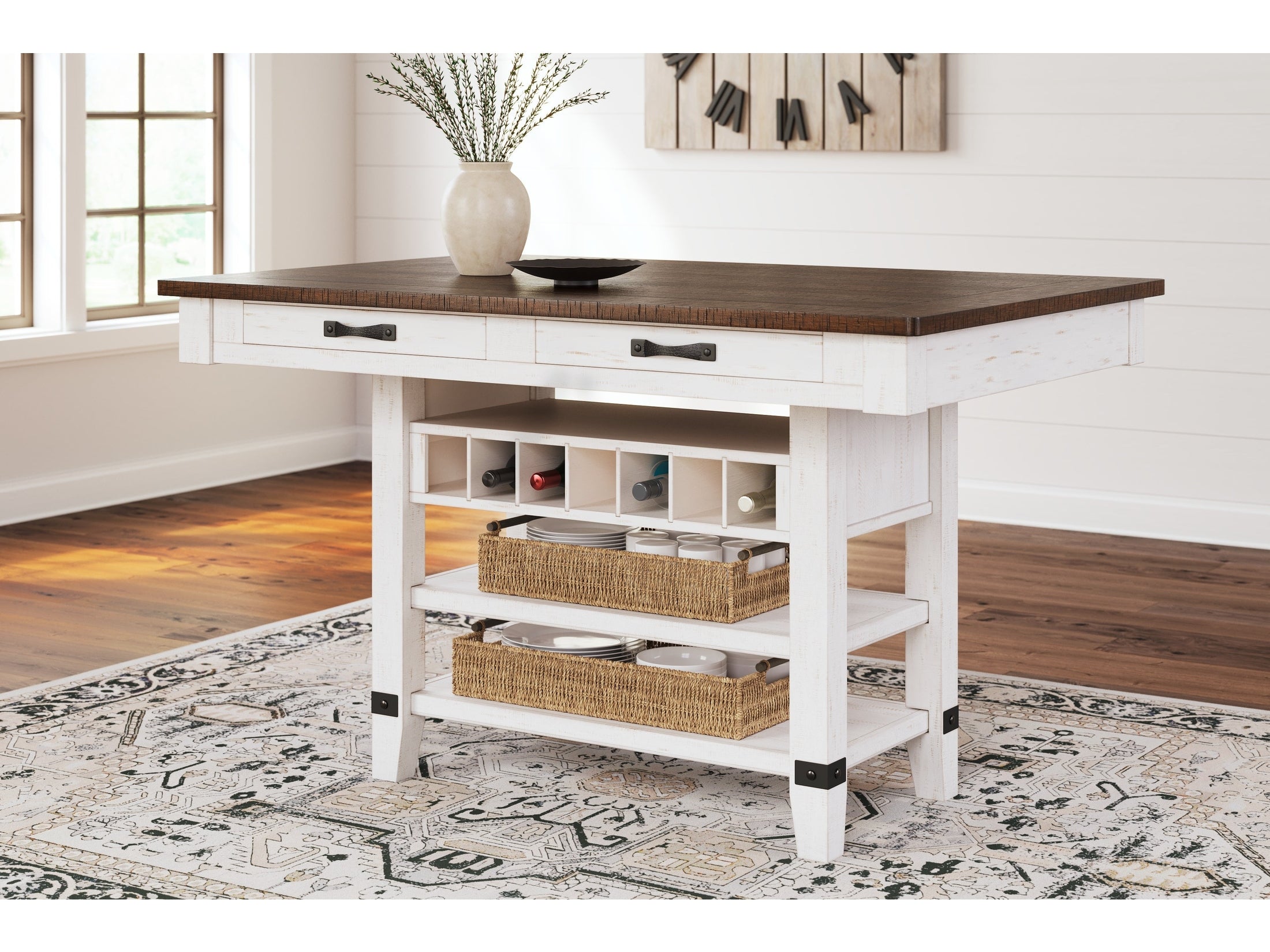 Valebeck White & Brown Counter Height Dining Table w/ Wine Rack