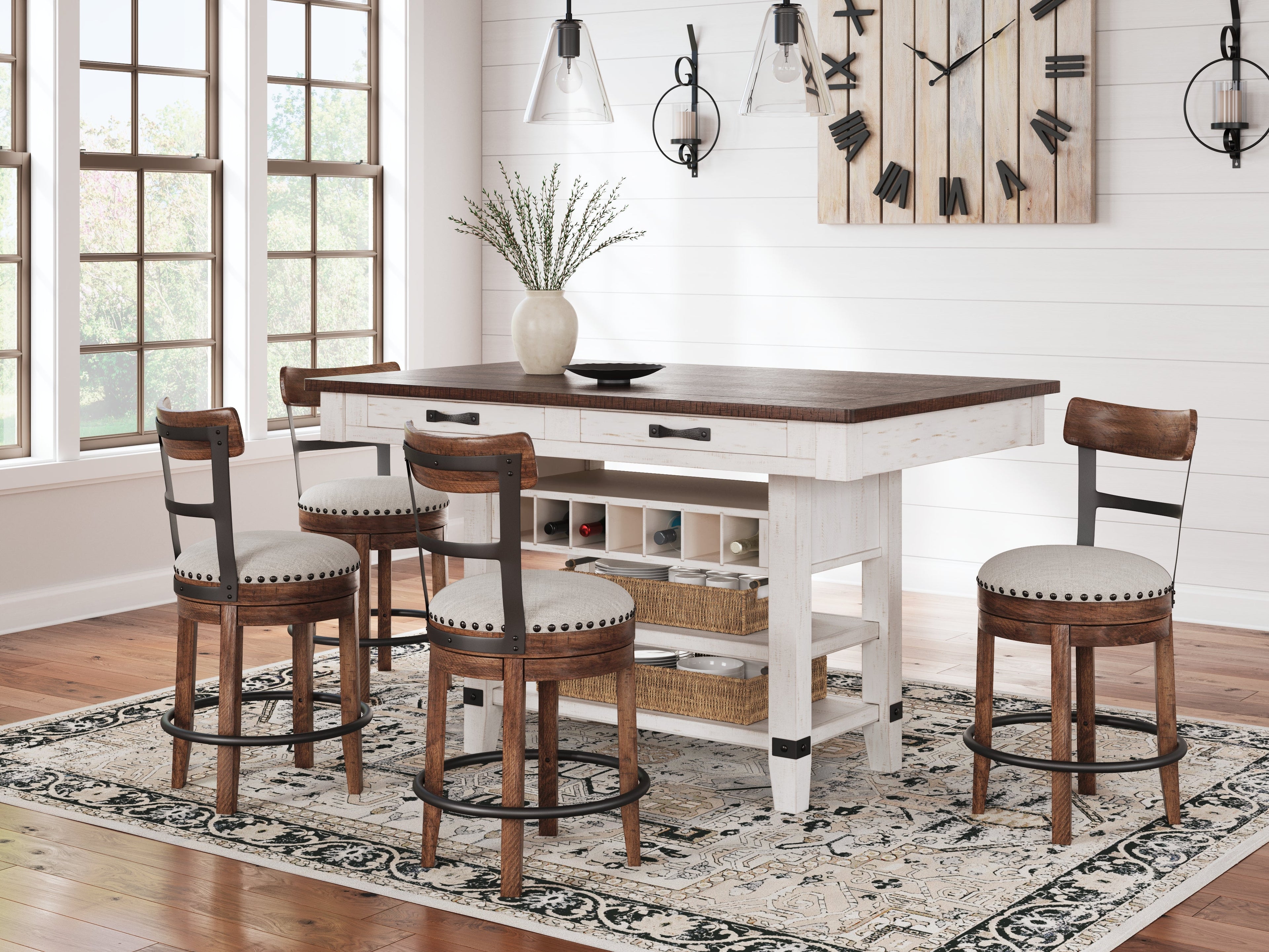 Valebeck White/Brown/Linen Counter Height Dining Table and 4 Barstools