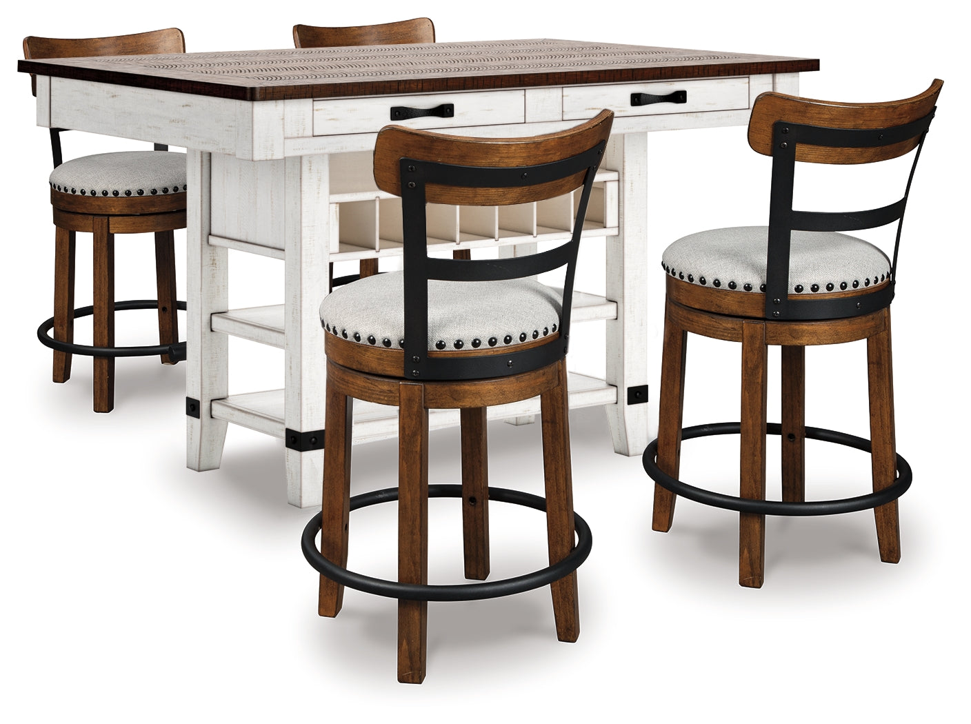 Valebeck White/Brown/Linen Counter Height Dining Table and 4 Barstools