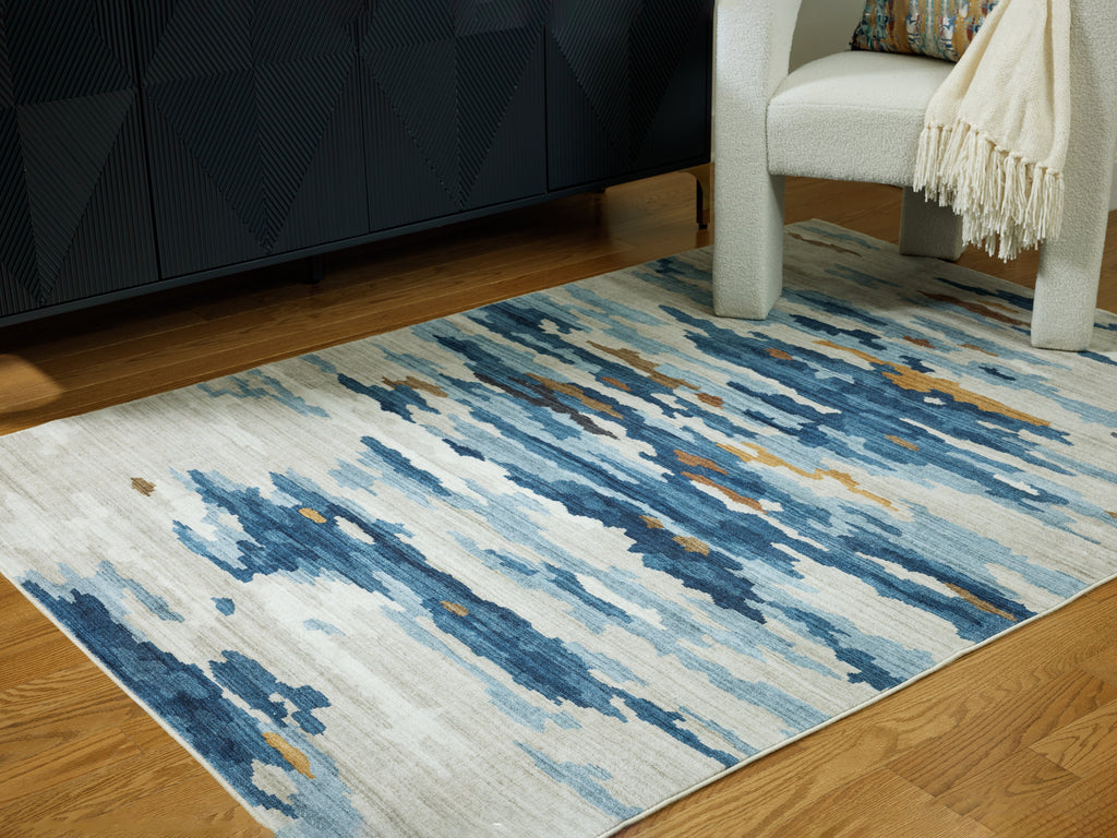 Vinlett Cream/Blue/Brown 5' x 7' Washable Rug