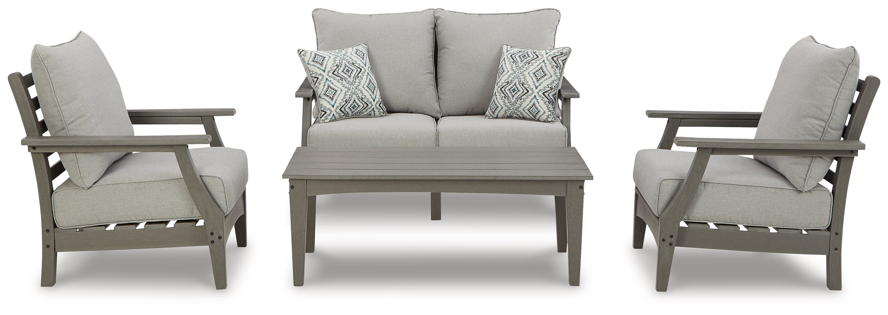 Visola Gray Outdoor Loveseat, 2 Lounge Chairs and Coffee Table