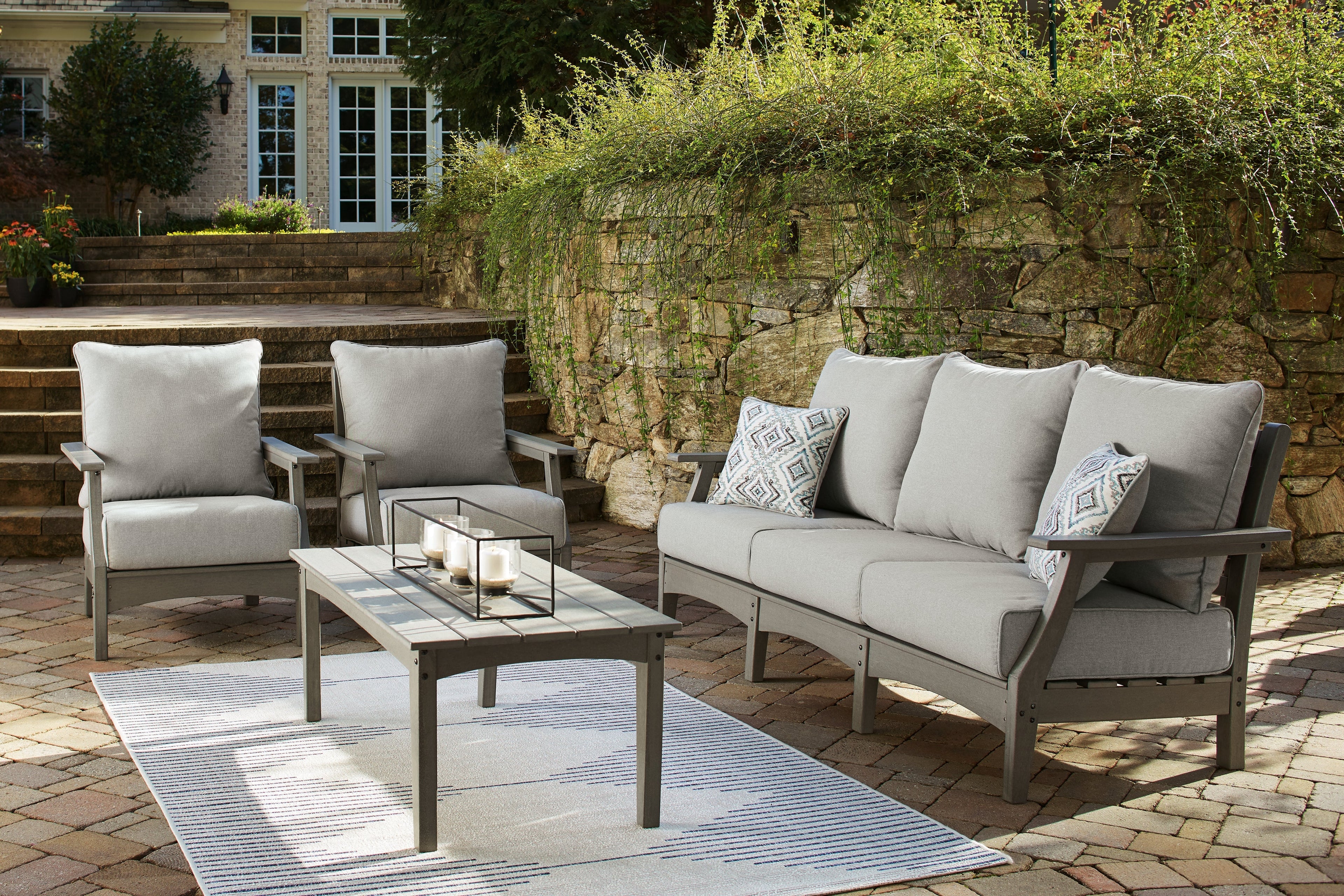 Visola Gray Outdoor Sofa, 2 Lounge Chairs and Coffee Table