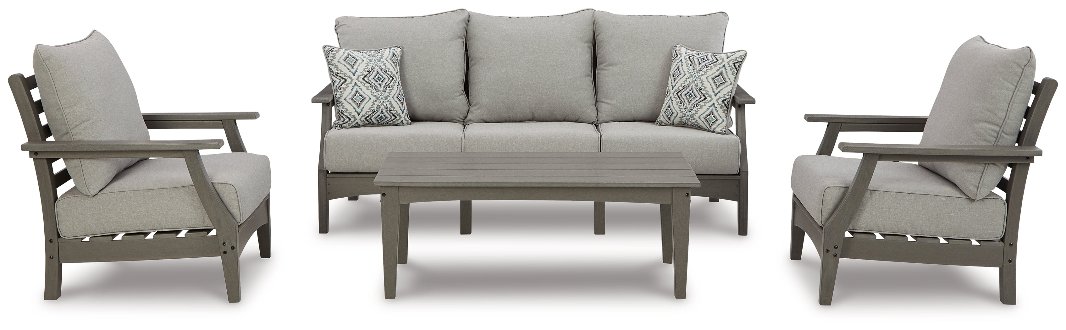 Visola Gray Outdoor Sofa, 2 Lounge Chairs and Coffee Table