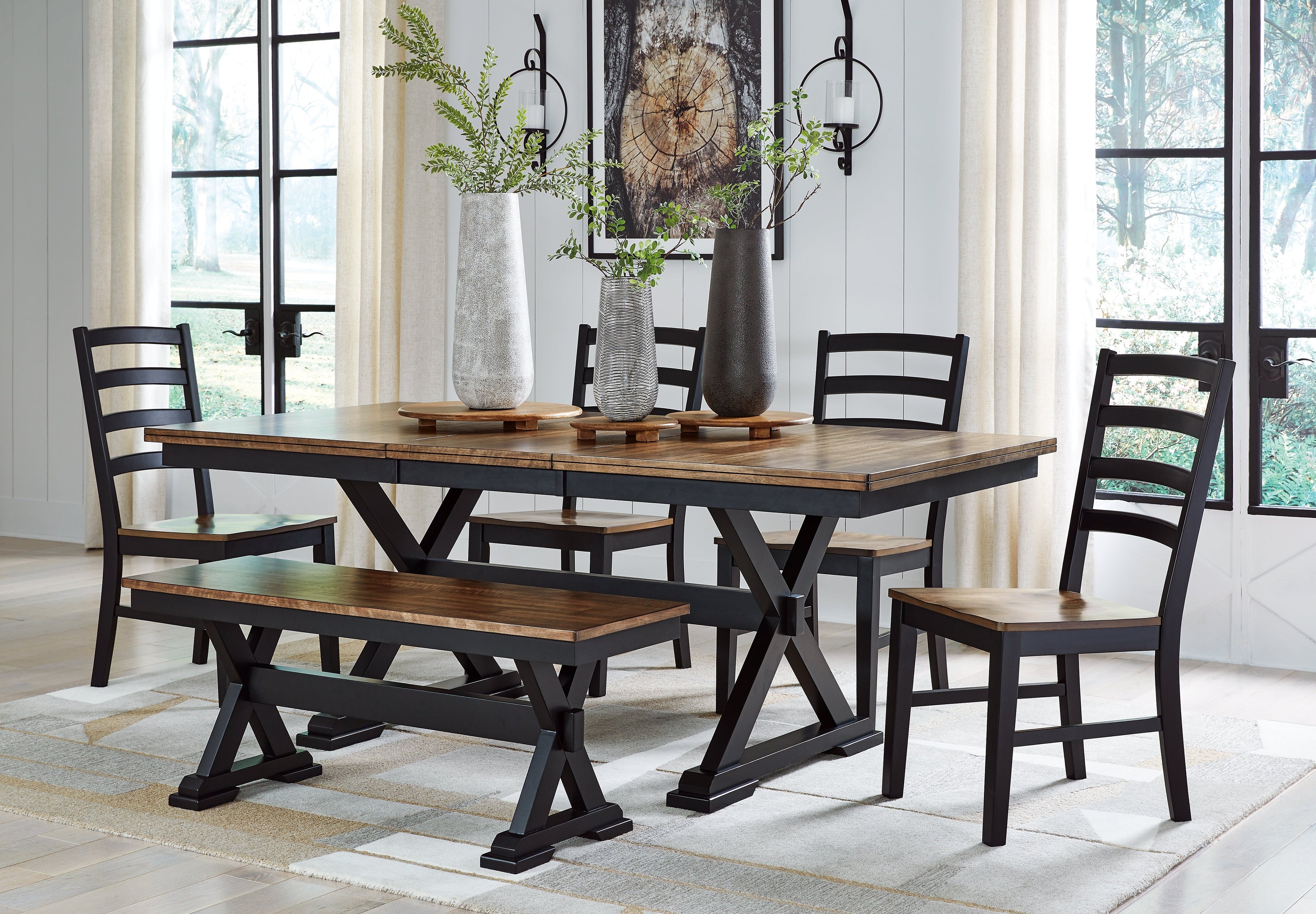 Wildenauer Brown/Black Dining Table w/4 Chairs & Bench