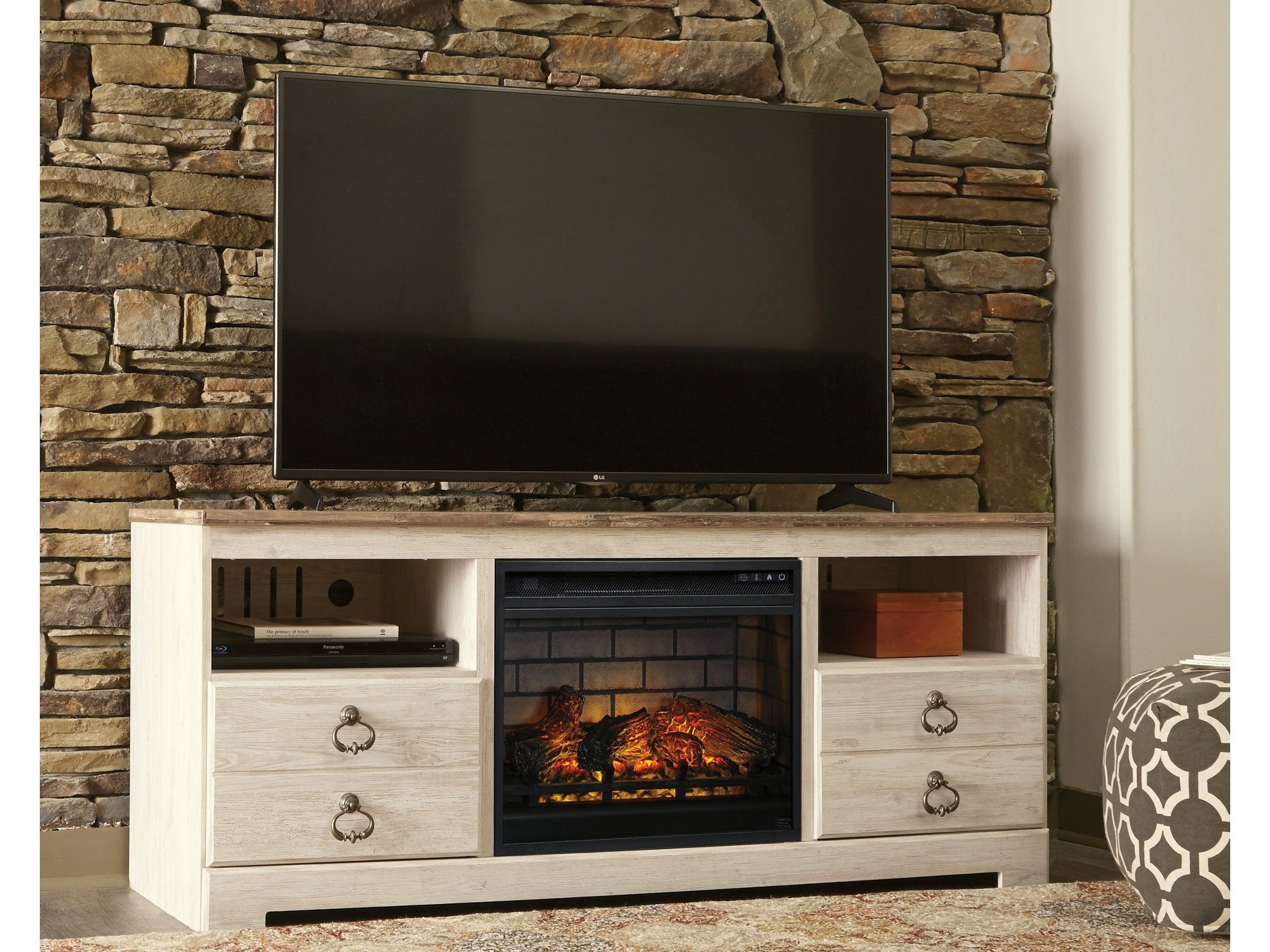 Willowton Whitewash 64" TV Stand with Electric Fireplace