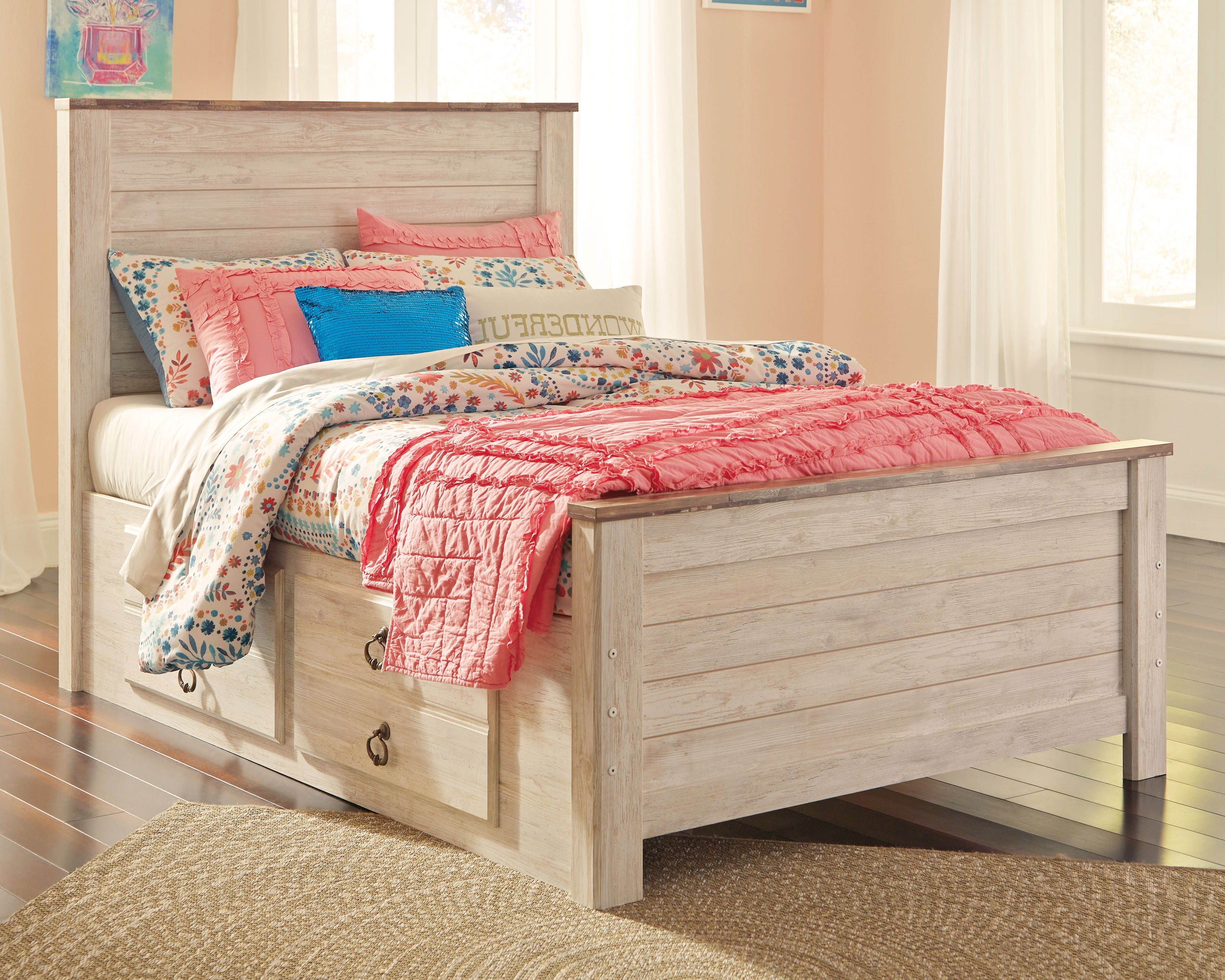 Willowton Whitewash Full Panel Bed with 2 Storage Drawers