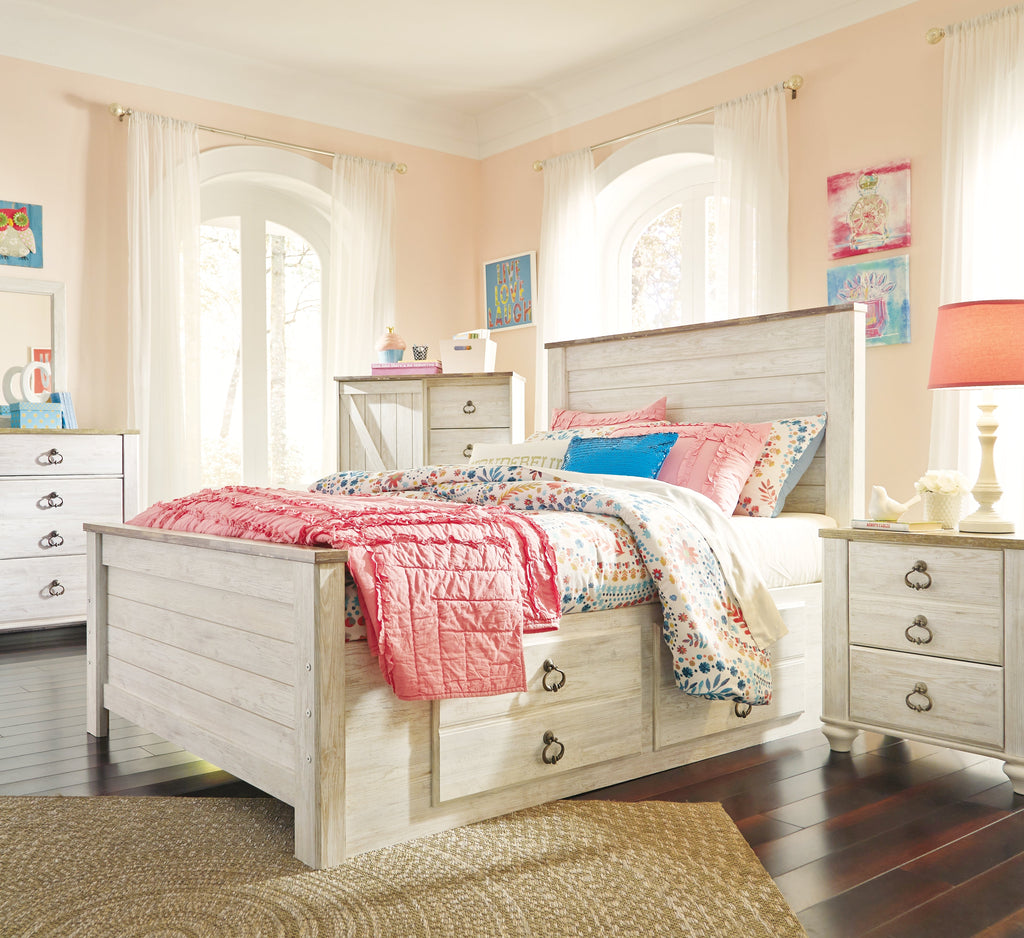 Willowton Whitewash Full Panel Bed with 2 Storage Drawers